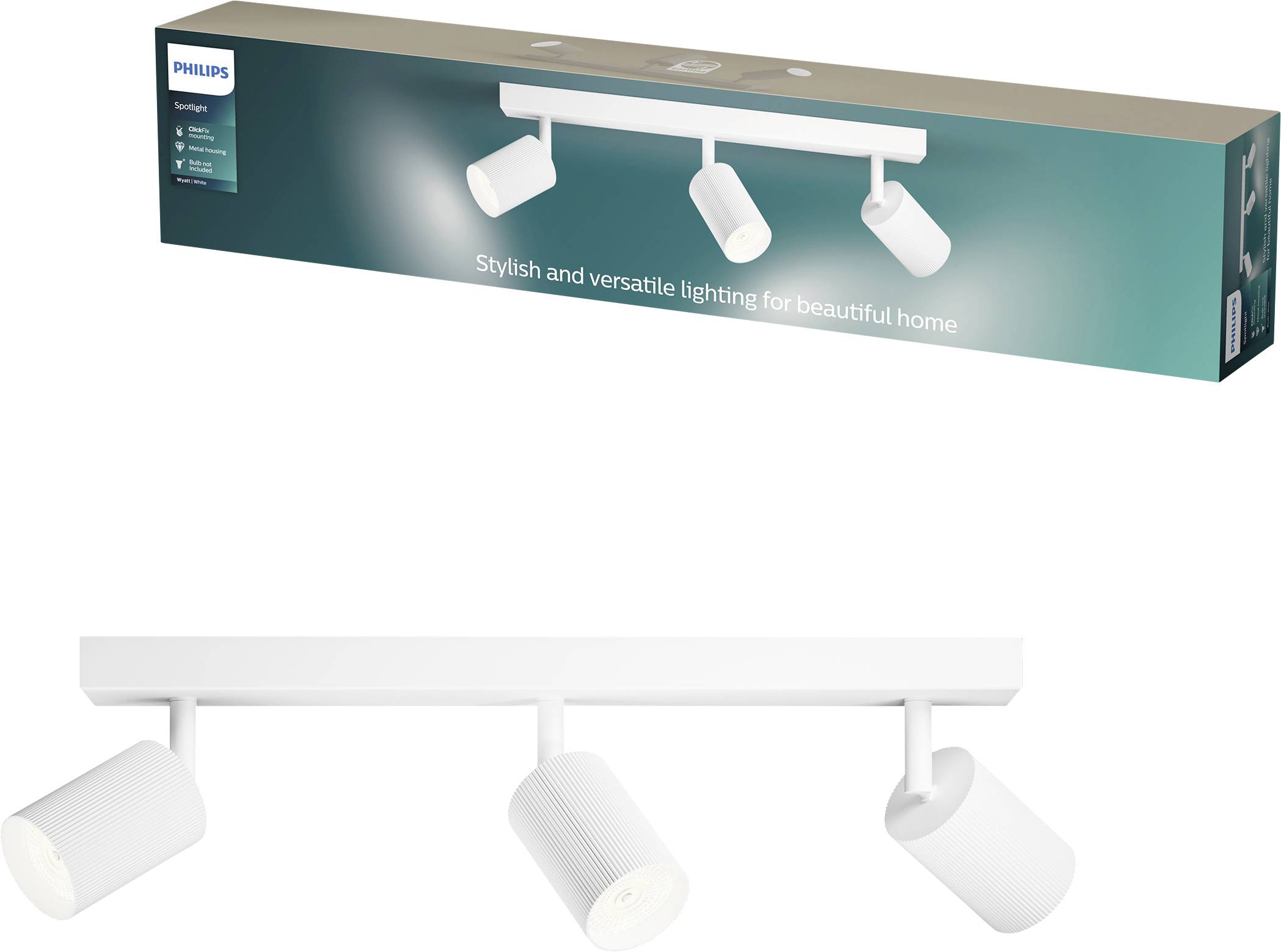 Philips hvidt tre-lys loftspot-stang, vist på emballagen og som selve produktet.