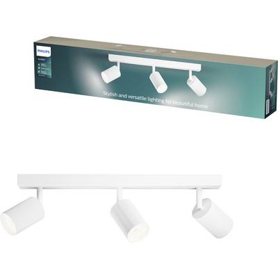 Philips hvidt tre-lys loftspot-stang, vist på emballagen og som selve produktet.