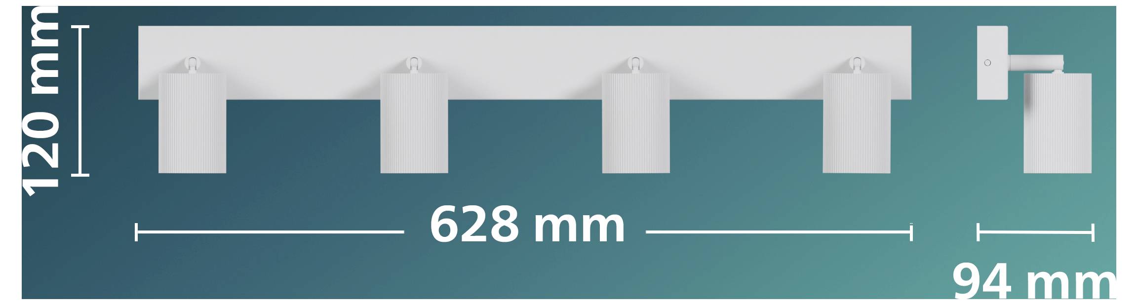 Teknisk layoutdiagram, der viser fire jævnt fordelte monteringsklamper over en længde på 628 mm, med en 120 mm højde på venstre side og en 94 mm sektionslængde på højre side.