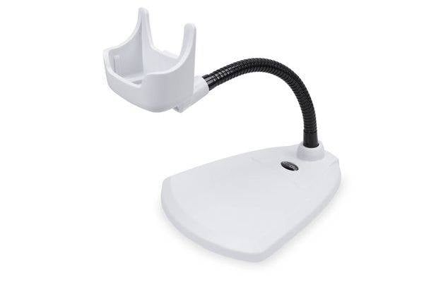 Hvidt fleksibelt gåsehalsholster til tablet eller telefon med klemholder på trekantet base, vist på hvid baggrund.
