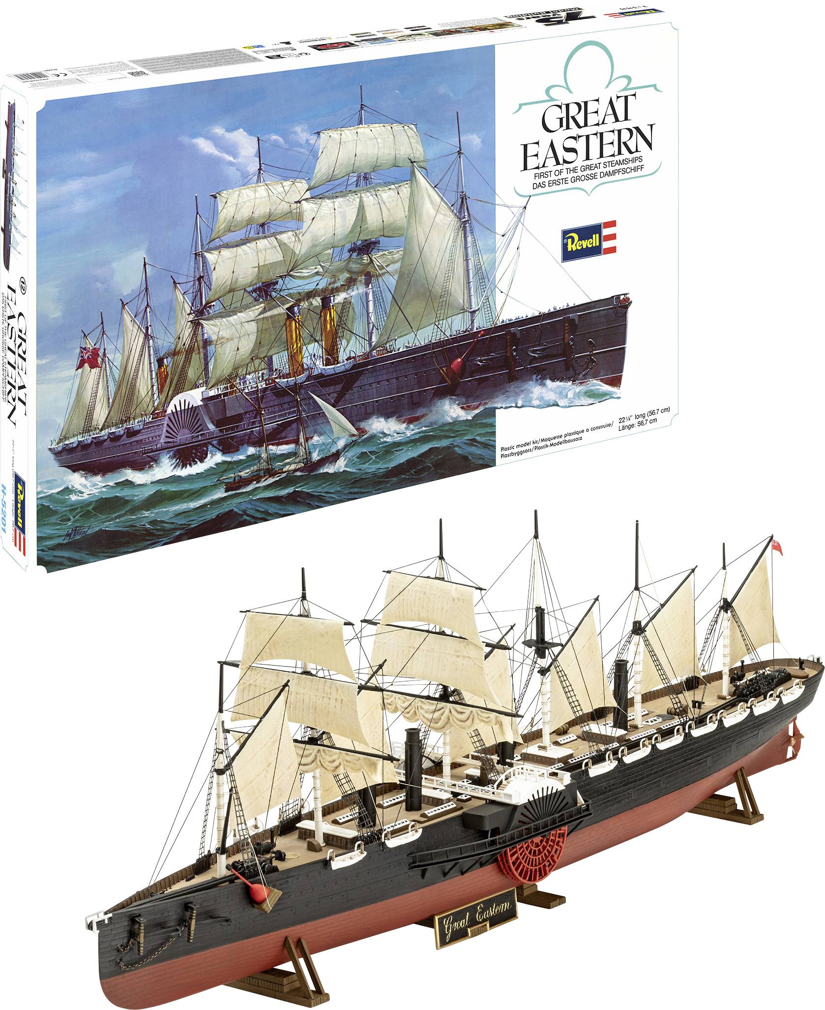 Æske og samlet model af dampskibet 'Great Eastern' med sejl og støttestativ vist på hvid baggrund.