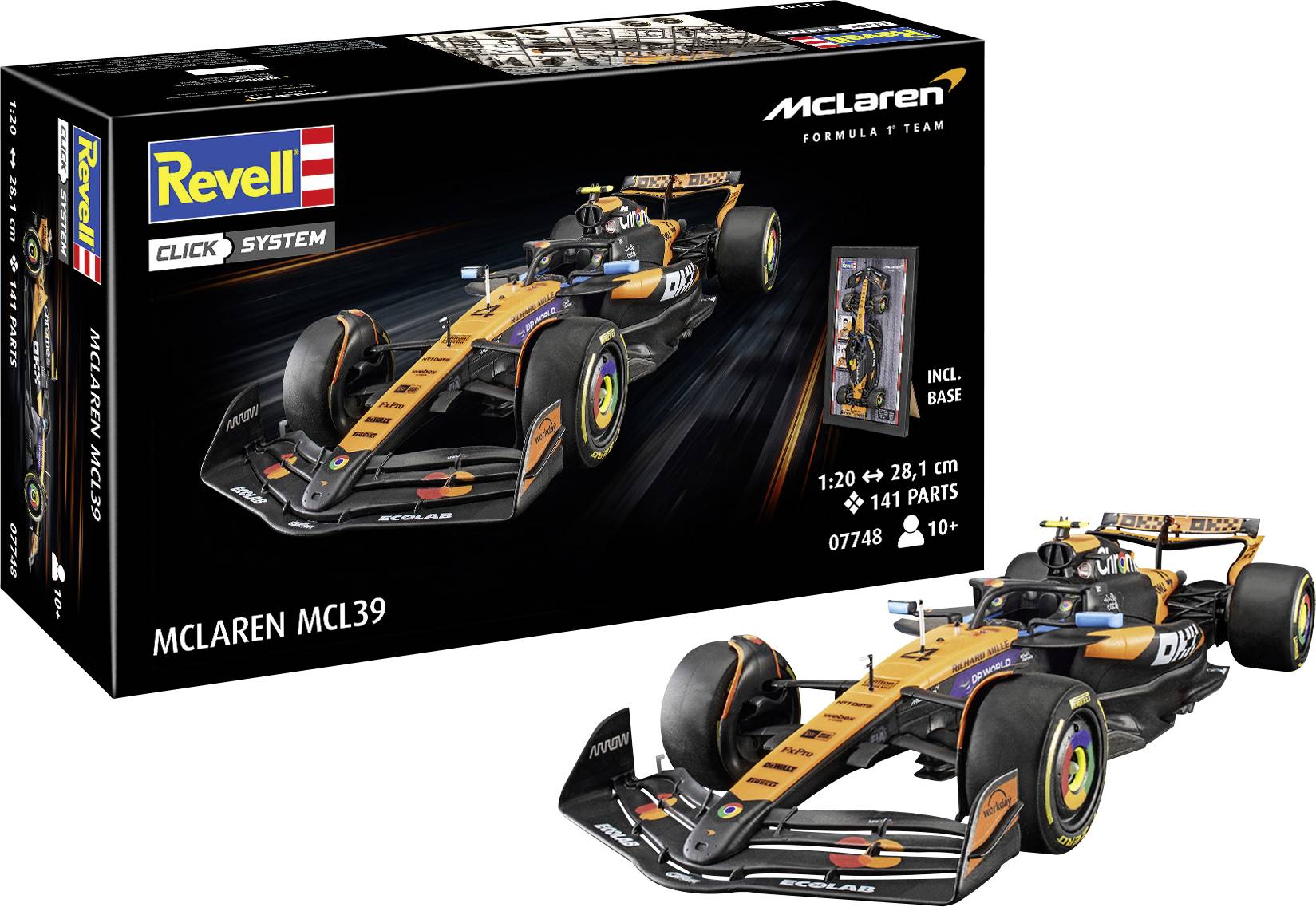 Revell McLaren MCL39 modelkitsæske og samlet racerbil i orange og sort, mærket 1:20, 141 dele, fra 10 år.