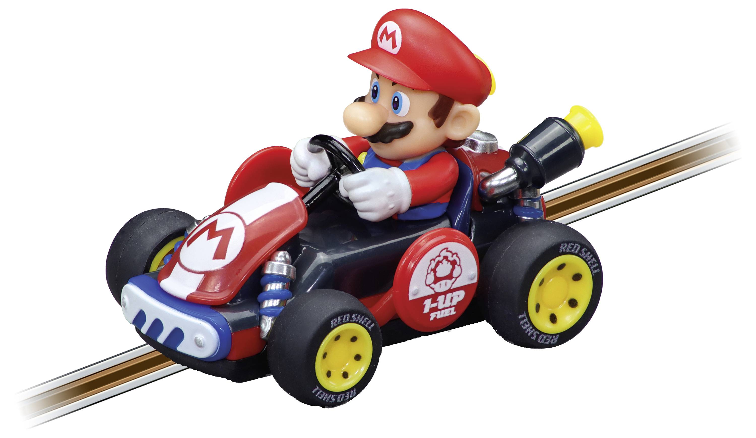 Mario i en legetøjs-go-kart på en racerbane, iført en rød kasket og kørende i en rød-og-blå kart med 'M' og '1-UP' logoer.