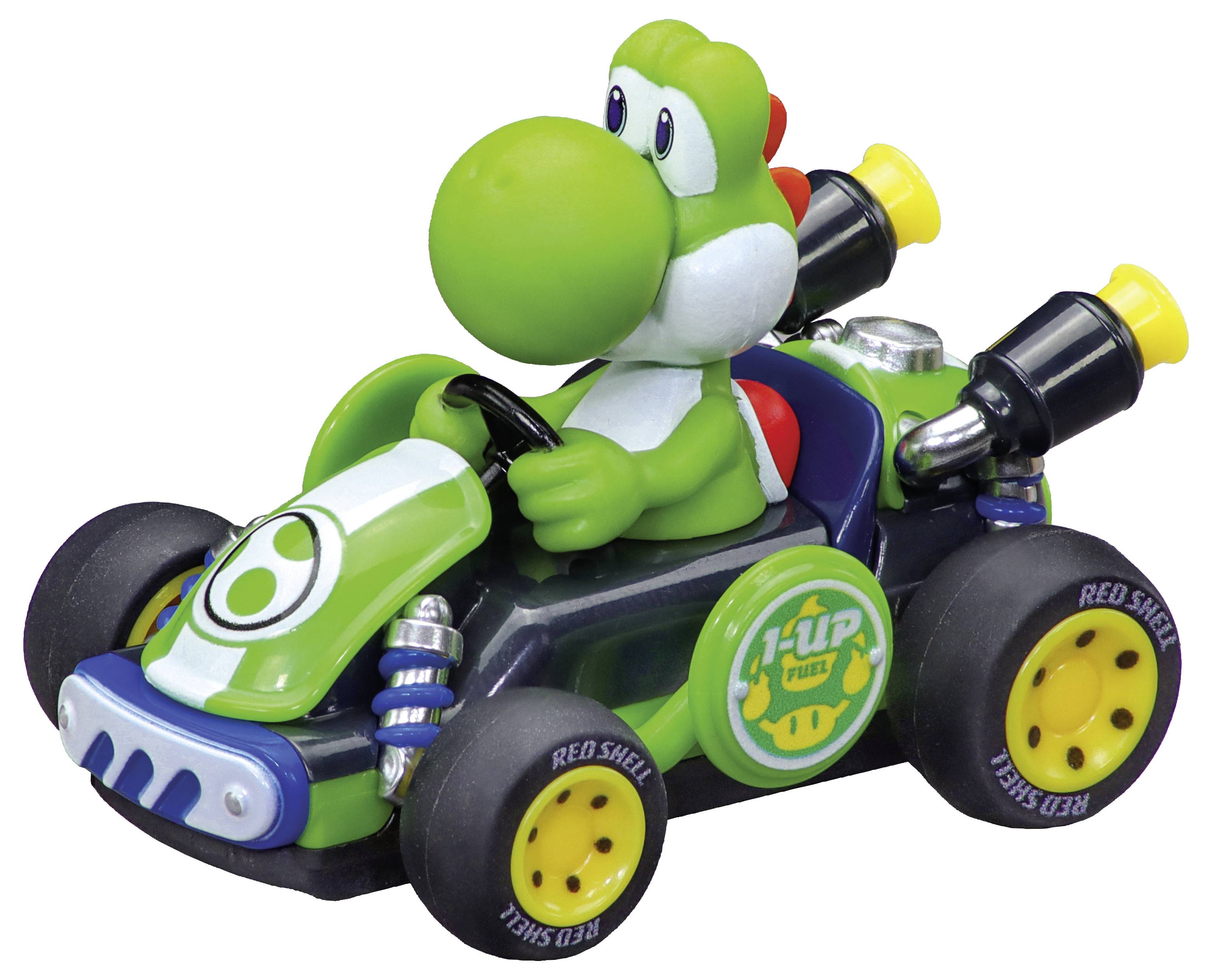 Grøn Yoshi-figur i en grøn legetøjskart med 1-UP og Red Shell-dekaler, vist på en hvid baggrund.