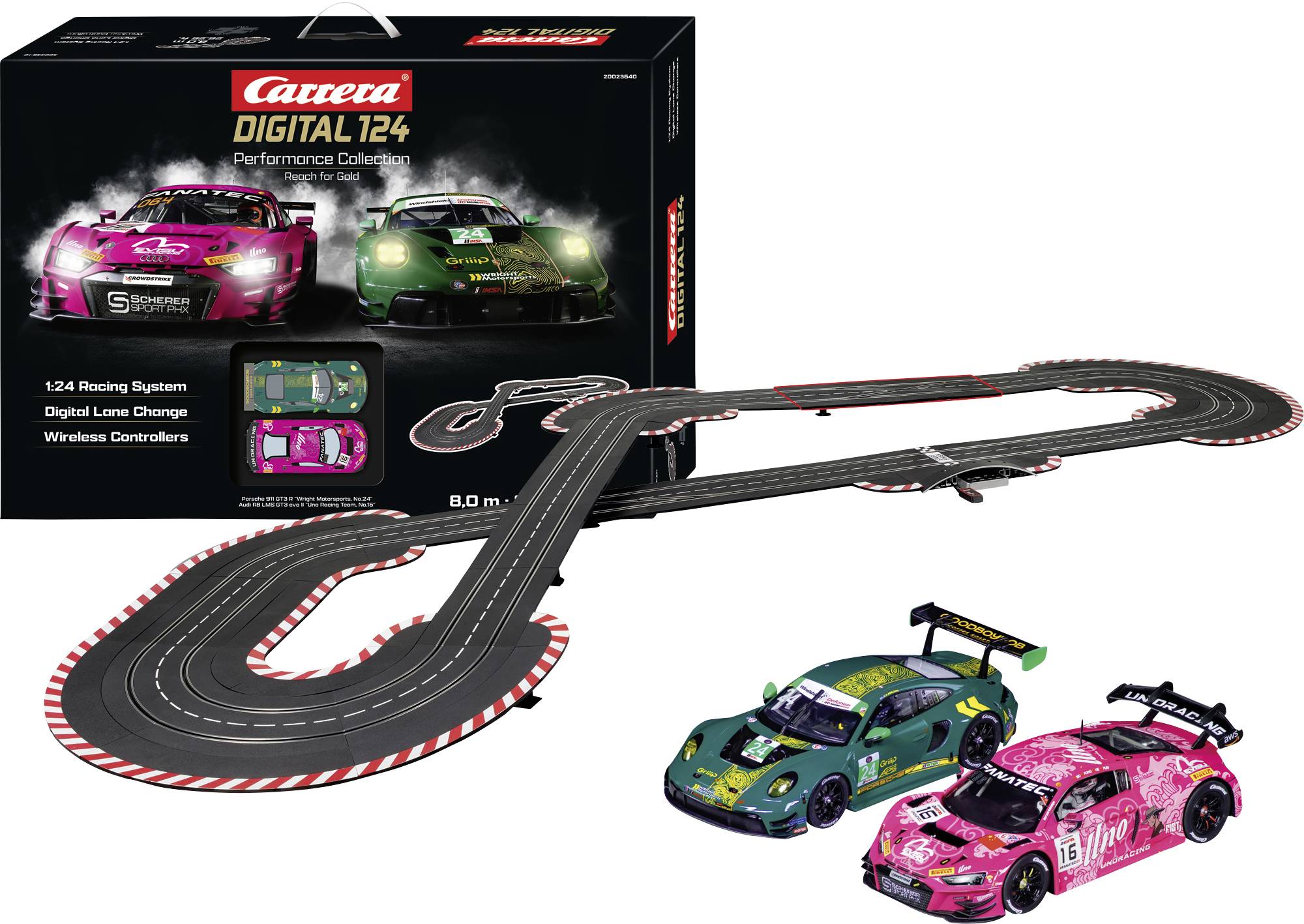 Carrera DIGITAL 124 racingbane med to slot-biler, langt banelayout, controllere og emballage med pink og grønne racerbiler.