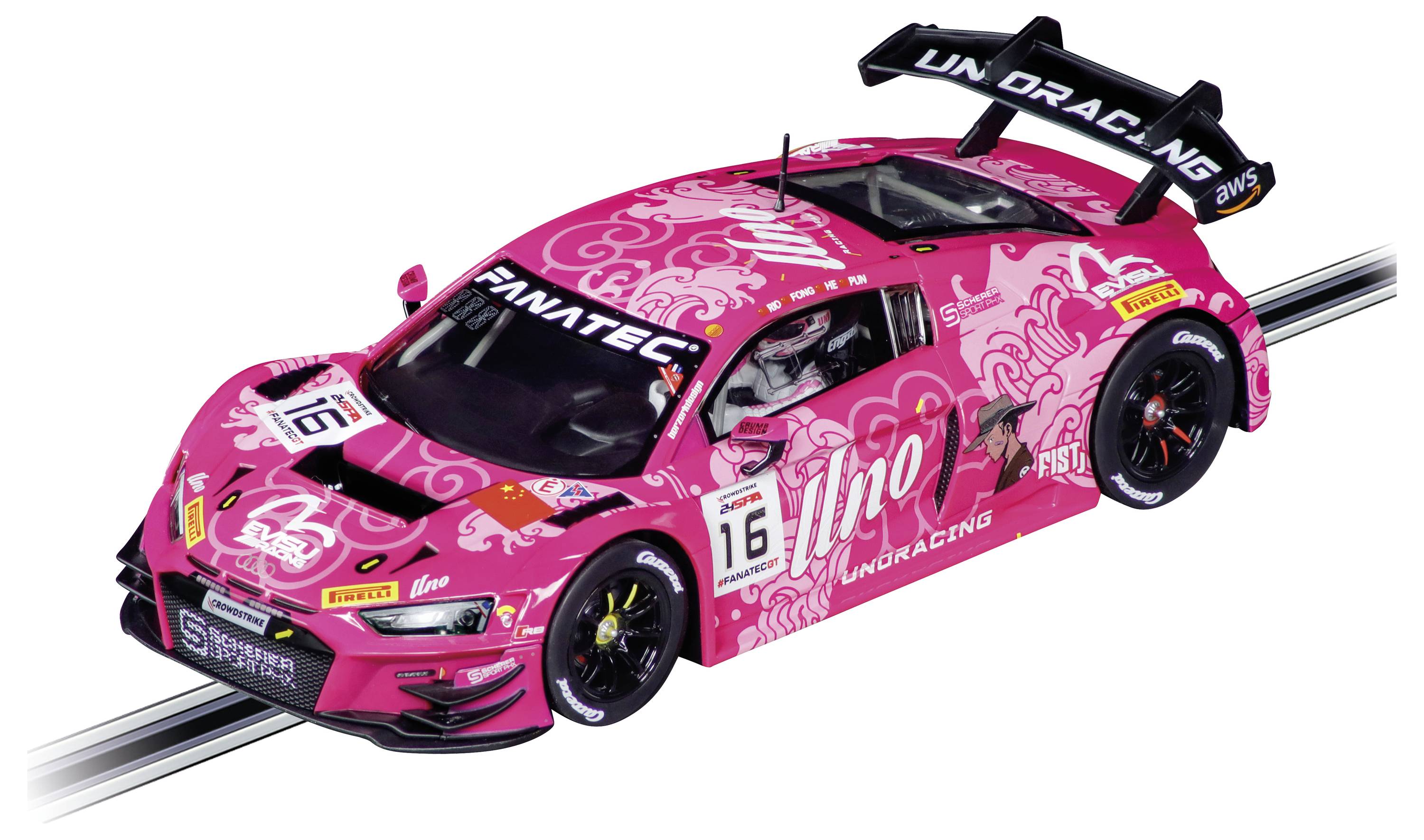 Pink racerbil på hvid baggrund, nummer 16, med 'FANATEC' og 'LILO' sponsordekaler og en stor bagevinge.