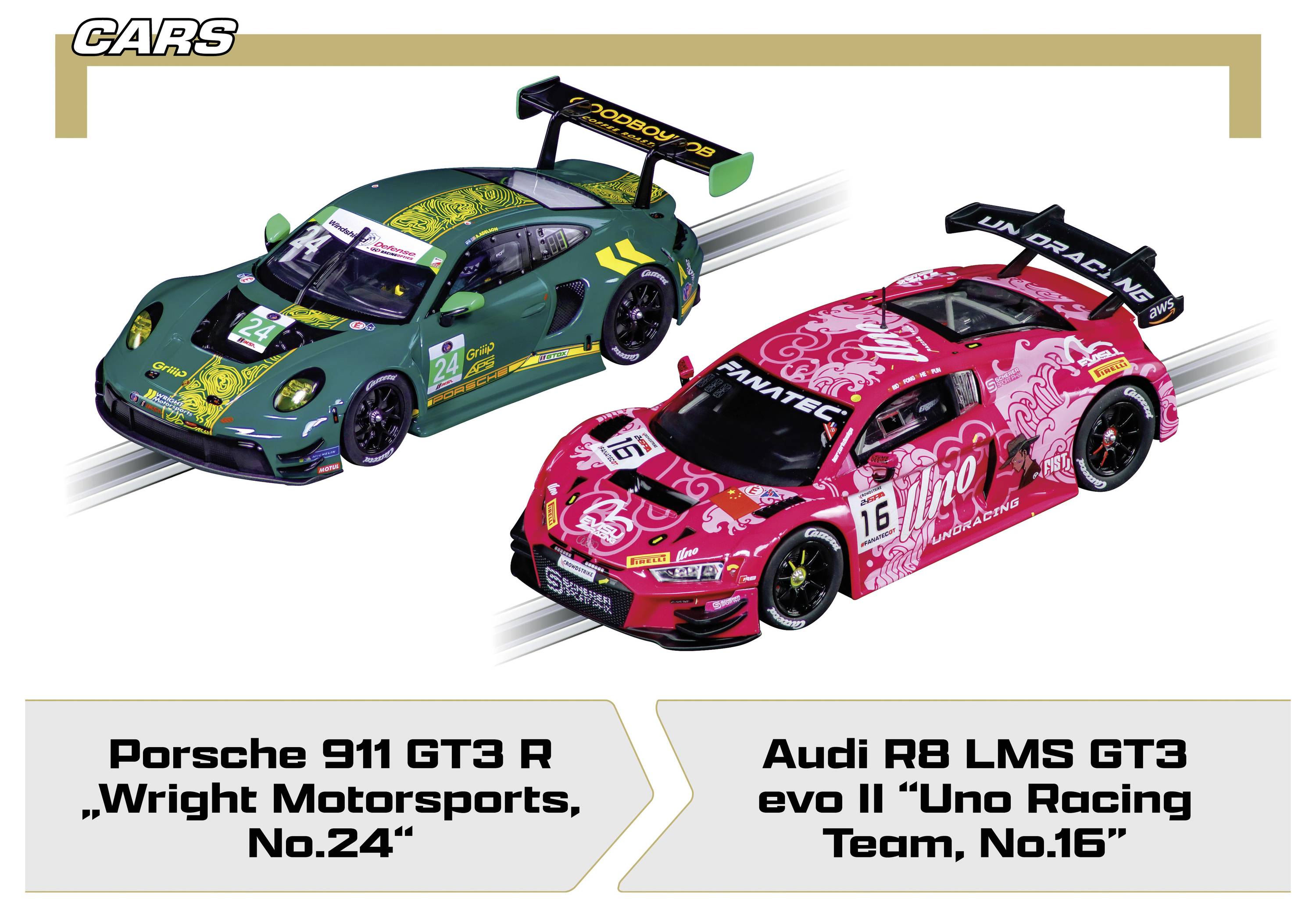 To GT3-racerbiler afbildet: grøn Porsche 911 GT3 R 'Wright Motorsports, nr. 24' og rosa Audi R8 LMS GT3 evo II 'Uno Racing Team, nr. 16'.