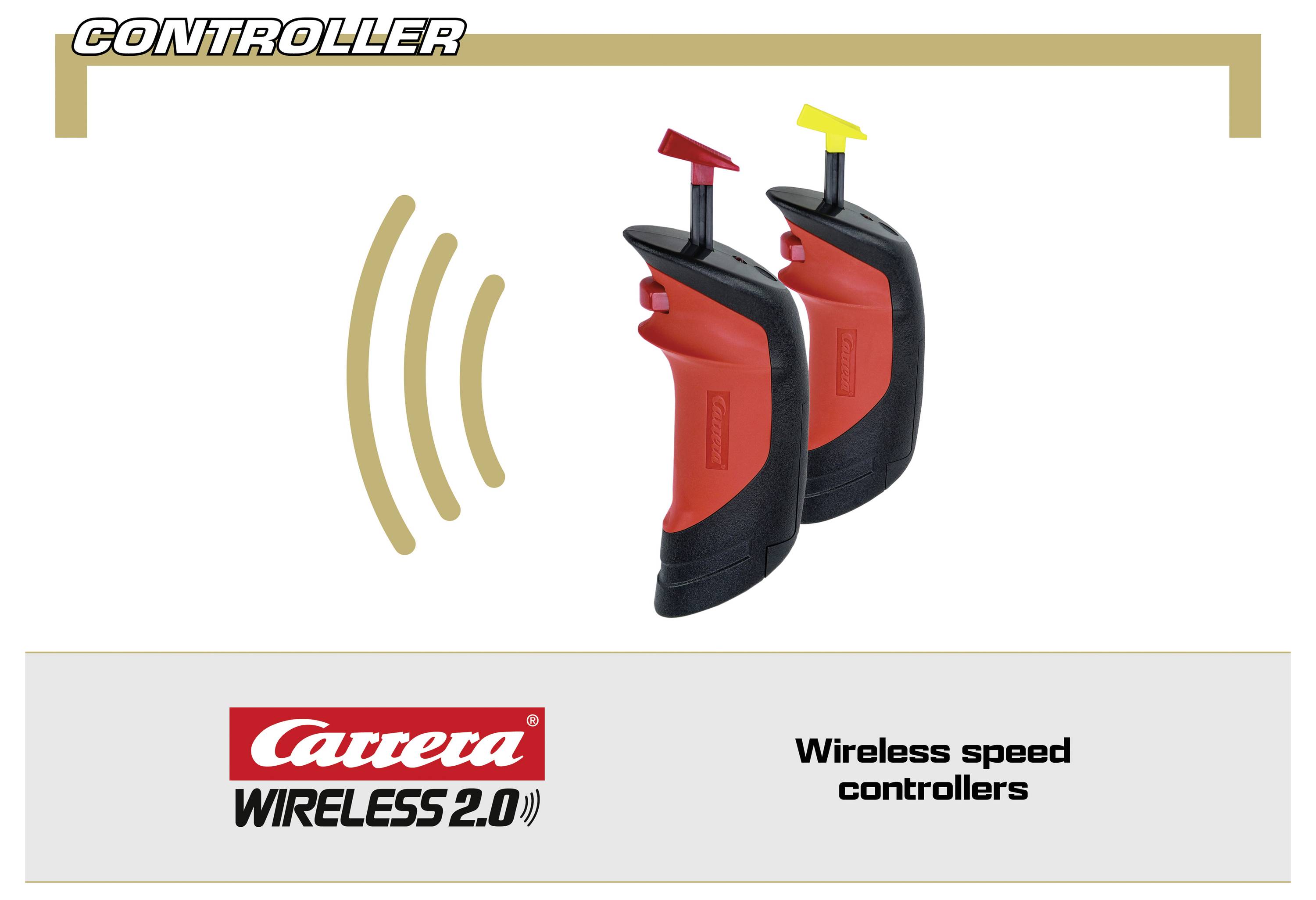 To wireless Carrera-speedcontrollere med røde padler og sorte greb, vist med signalbølger der sendes; mærket 'CONTROLLER' og 'Wireless speedcontrollere'.
