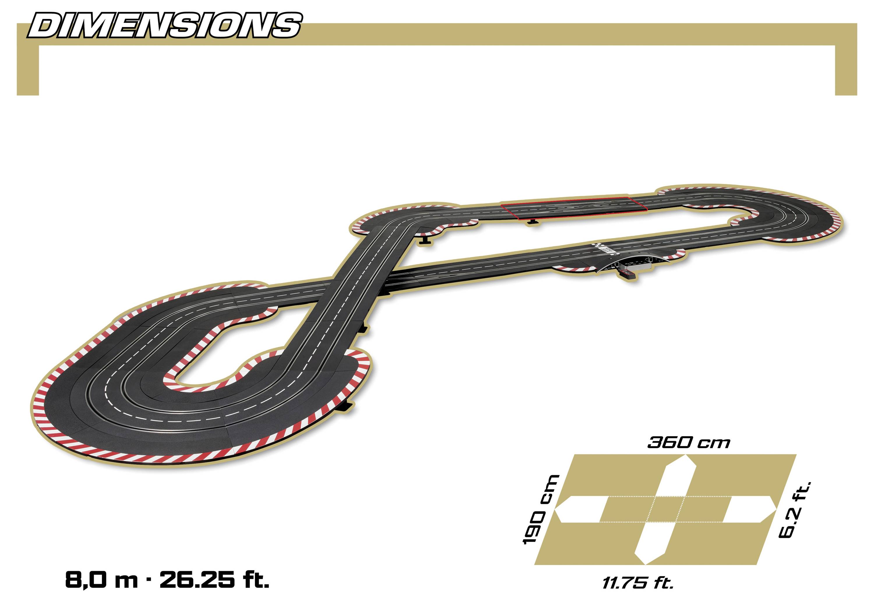 Billede af et slot car-baneudlæg mærket 'DIMENSIONER', der viser et aflang loopet løb med målinger på 8,0 m x 26,25 ft og et fodaftryk på 360 cm x 190 cm.