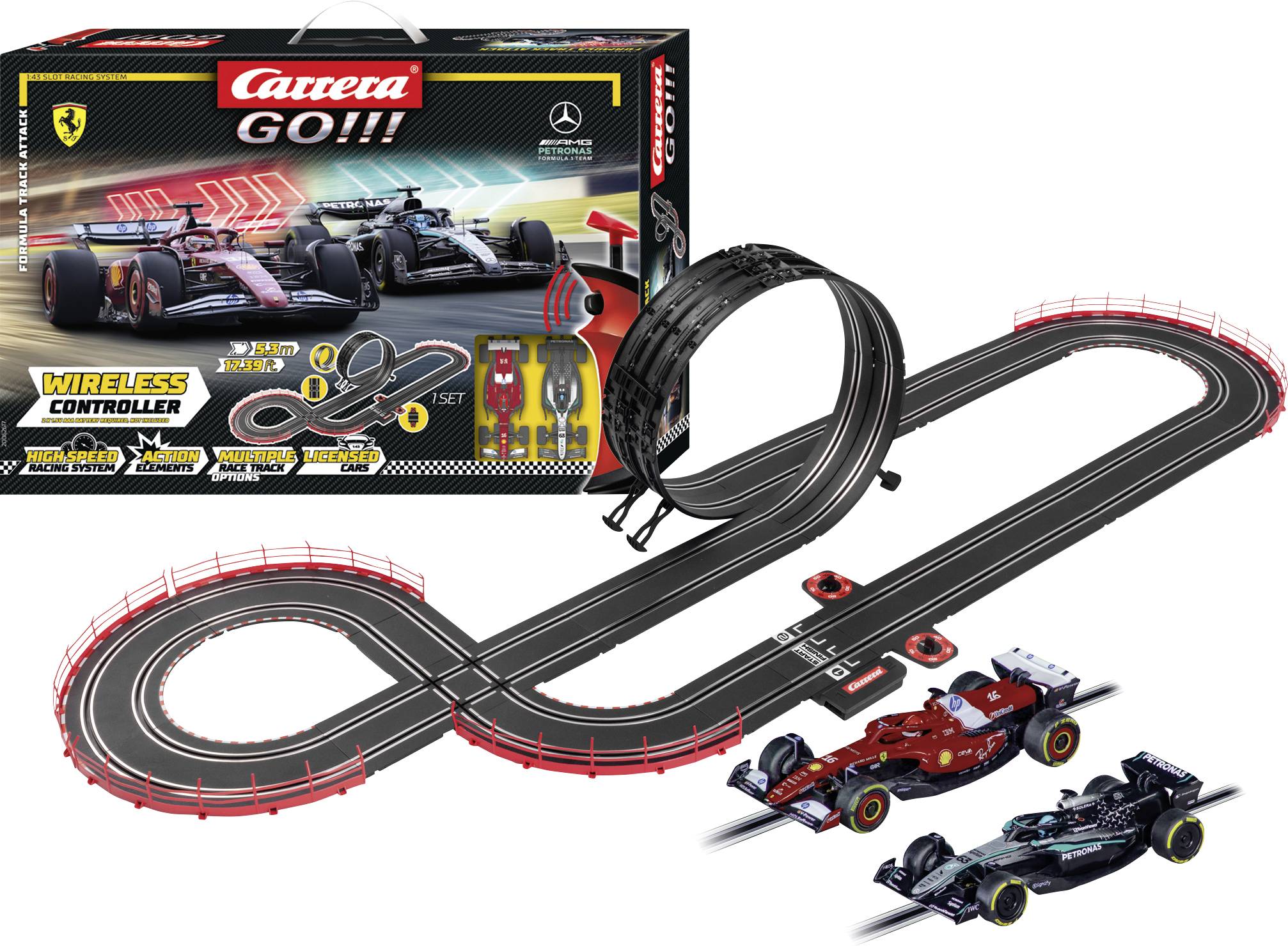 Carrera GO!!! trådløs slot car racing-sæt med figur-otte-bane, controller, loop og to Formula 1-racerbiler.