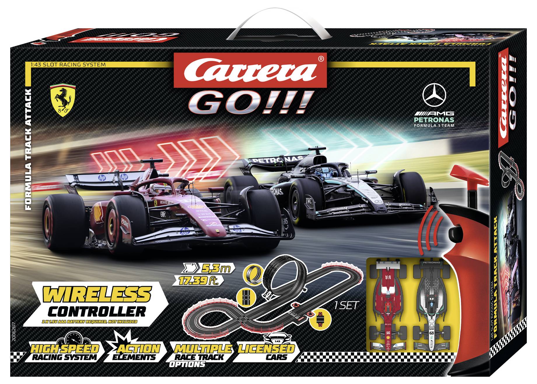 Carrera GO!!! Formel 1 slot car racing sæt boks med Ferrari og Mercedes biler, trådløs controller og sportstykker.