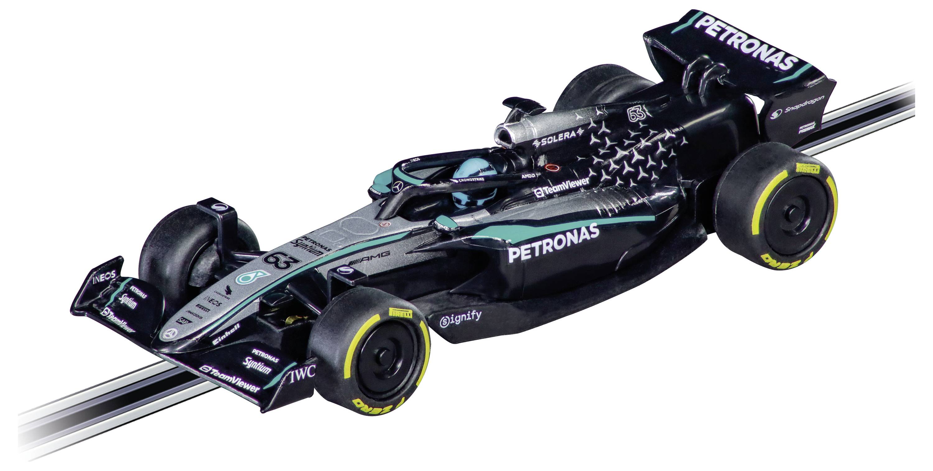 Sort Mercedes Formula 1-racerbil med PETRONAS- og Mercedes-logoer, vist på en hvid baggrund.