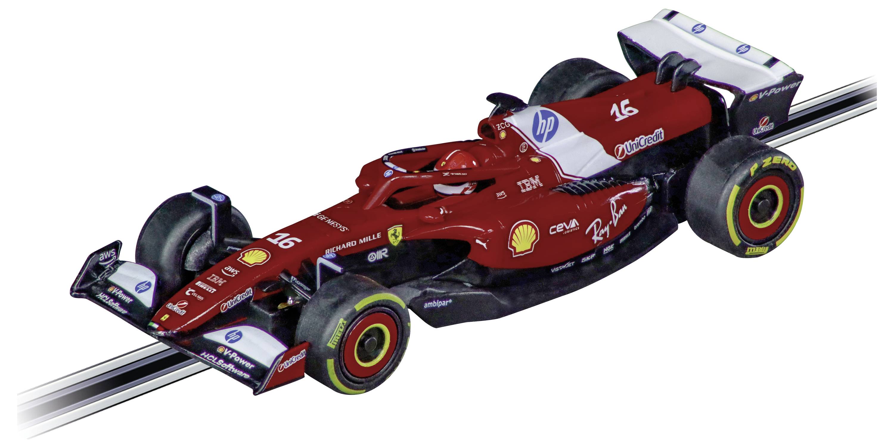 Rød Formel 1-racerbil med nummer 16 og sponsorlogotyper, vist på en hvid baggrund, som om den kører med høj fart.