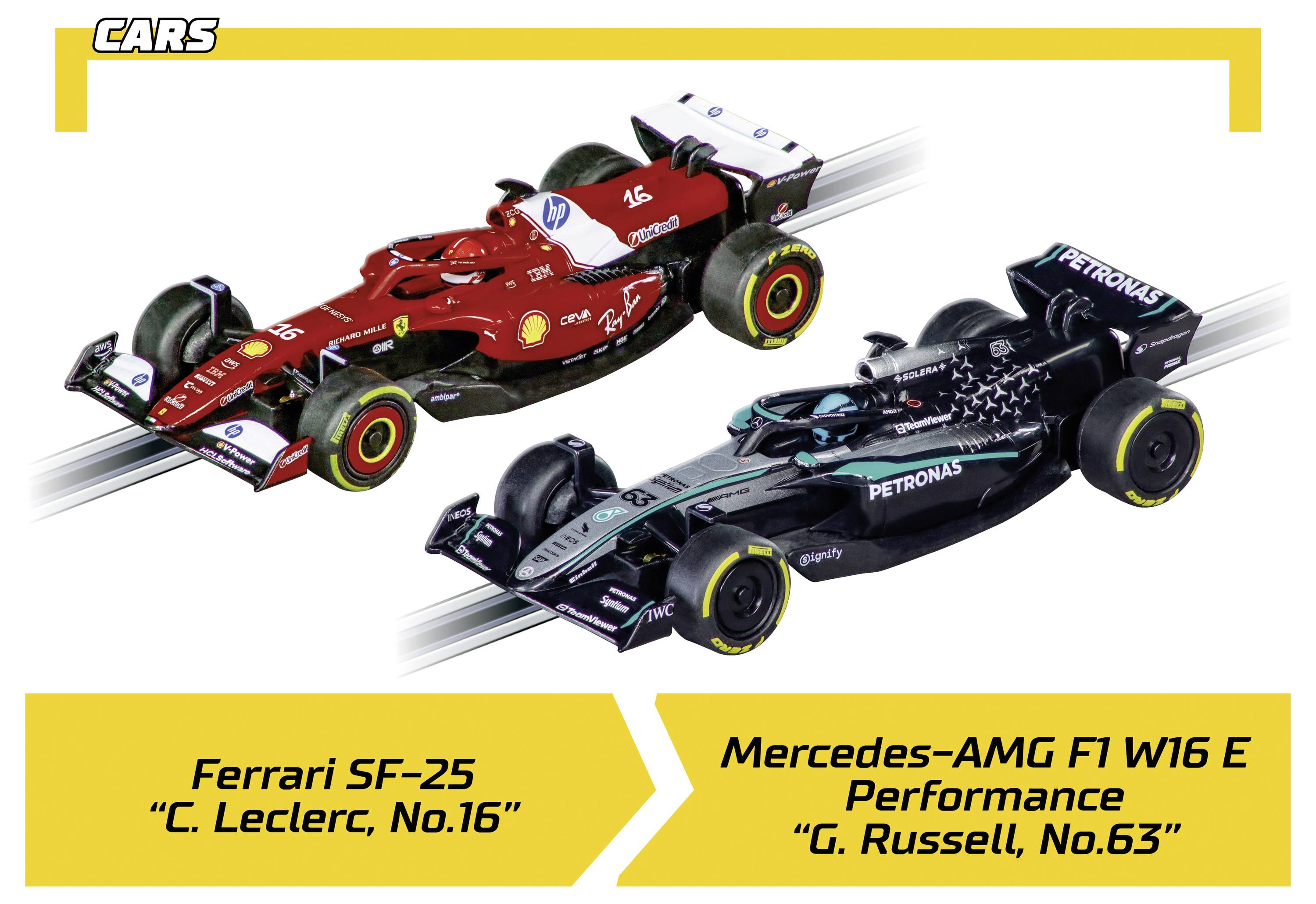 Sammenligning af billede af to Formula 1-biler: Ferrari SF-25 'C. Leclerc, nr. 16' og Mercedes-AMG F1 W16 E Performance 'G. Russell, nr. 63'.