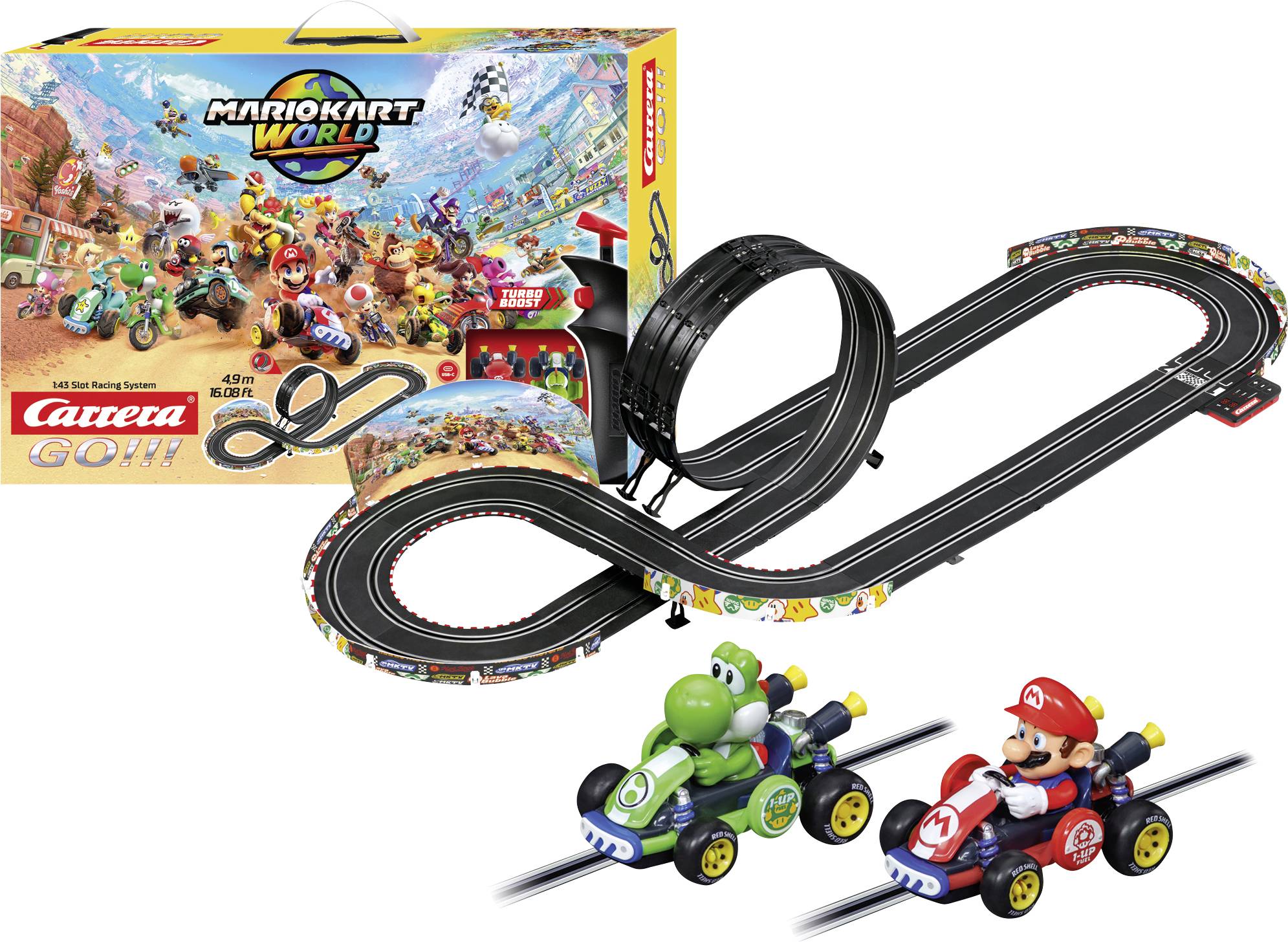 Mario Kart World Carrera GO!!! legetøj racerbane med loopkørsel, to slotbiler med Yoshi og Mario, og produktkasse vist på hvid baggrund.