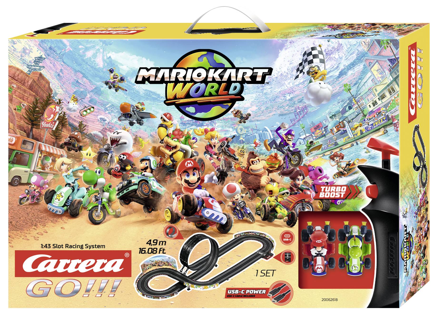 Mario Kart World 'Carrera GO!!!' slotbilsætboks med Mario Kart-artwork, 4,9m racerbane, to biler og controllerhåndtag.