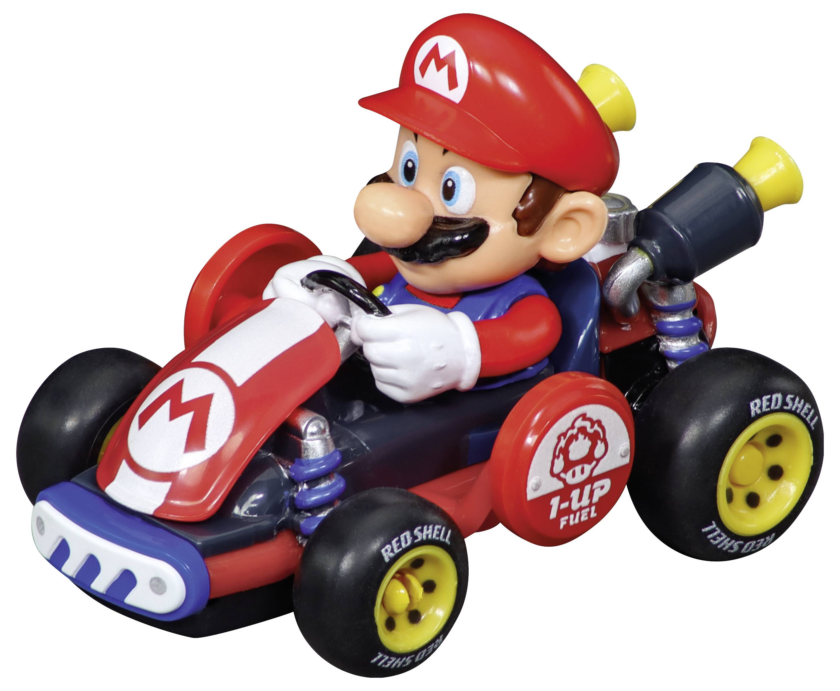 Mario kører en rød legetøjs go-kart med 'M'-logoer og '1-UP FUEL' på siden, vist på en hvid baggrund.
