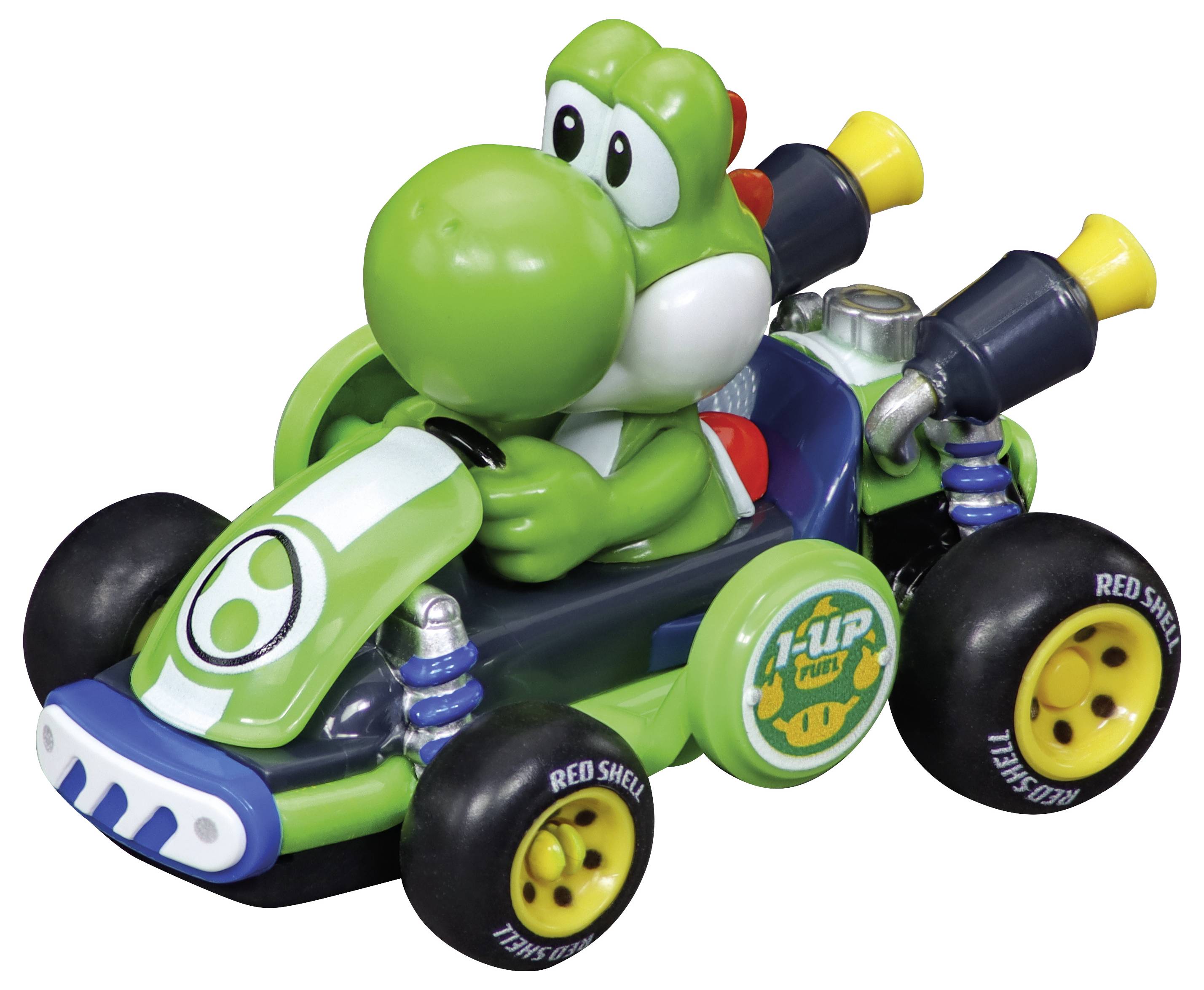 Yoshi-figur i en grøn Mario Kart-lignende racerkart, vist på en hvid baggrund.