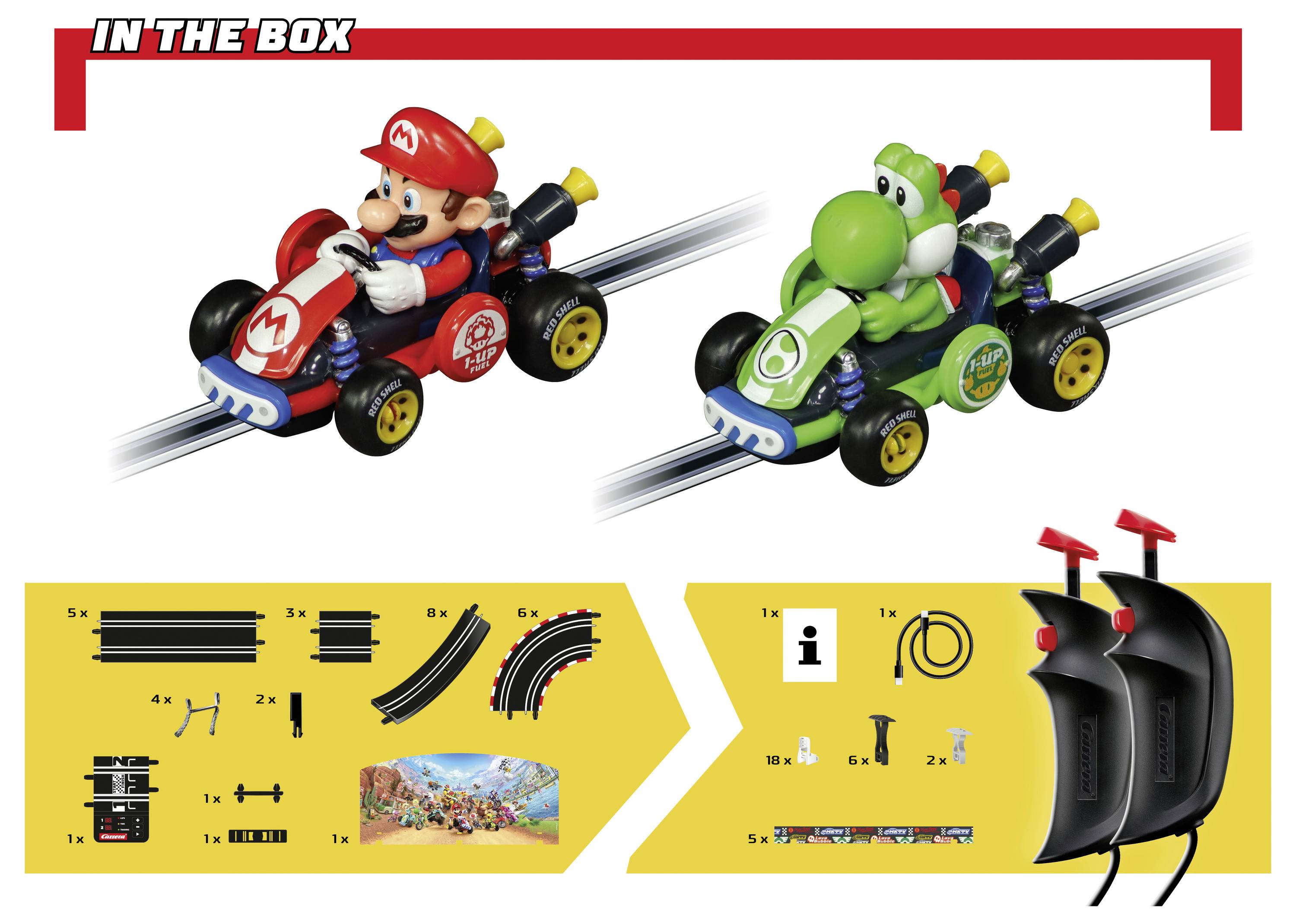Legetøjsracingsæt boksebillede, der viser Mario og Yoshi slot cars, sporbitsdele, controllere og "I boksen" indhold.