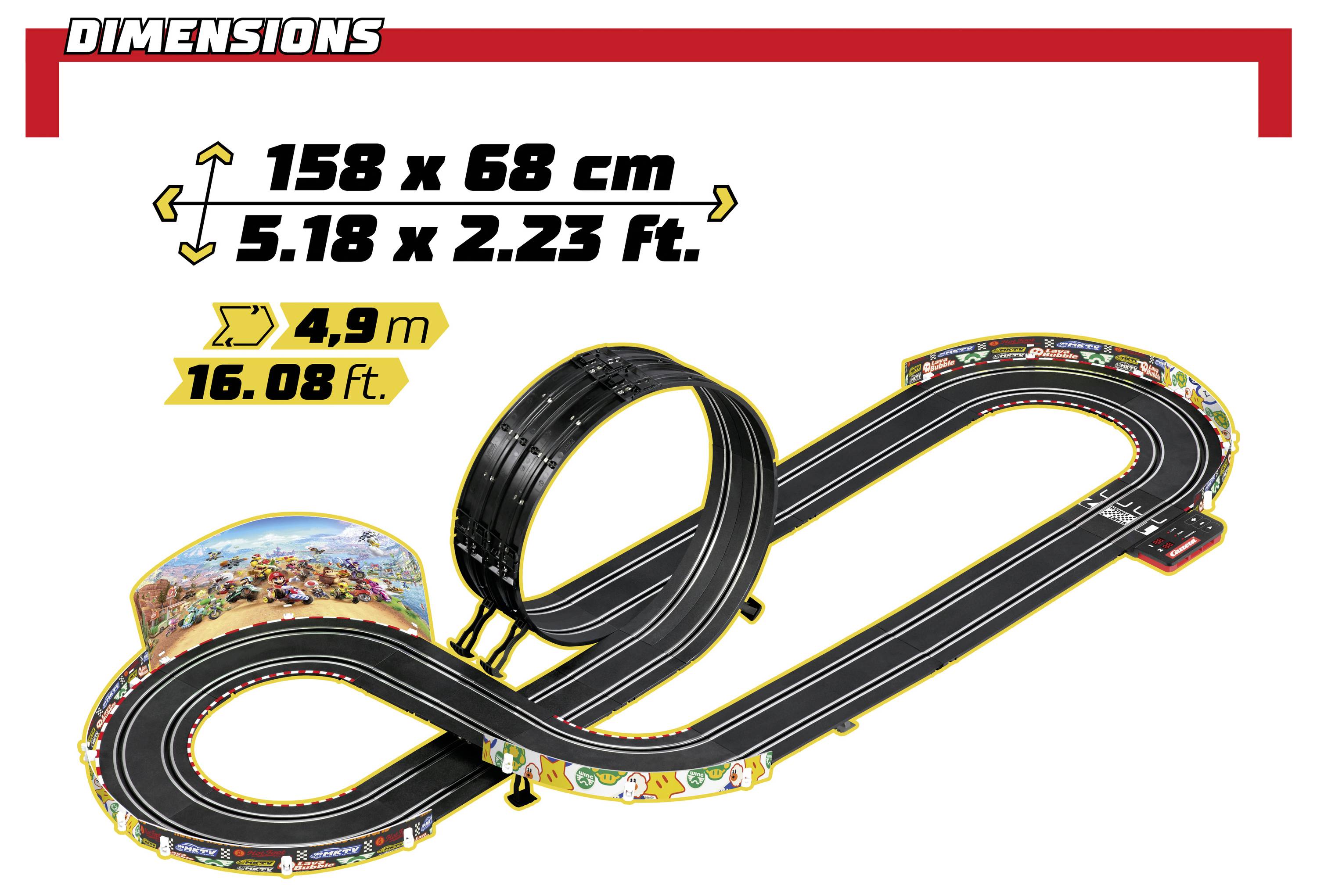 Legetøjsræserbanesat dimensioner vises: 158 x 68 cm (5,18 x 2,23 ft), 4,9 m / 16,08 ft samlet længde.