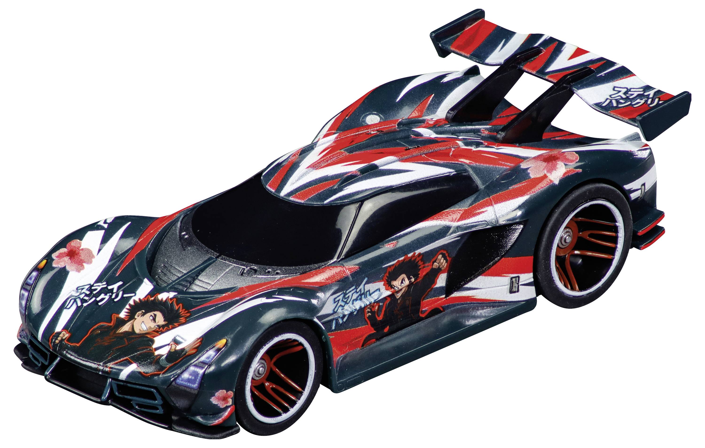 En sort, rød og hvid racing-sportsbilmodel med anime-stil grafik og en stor bagvinge på hvid baggrund.