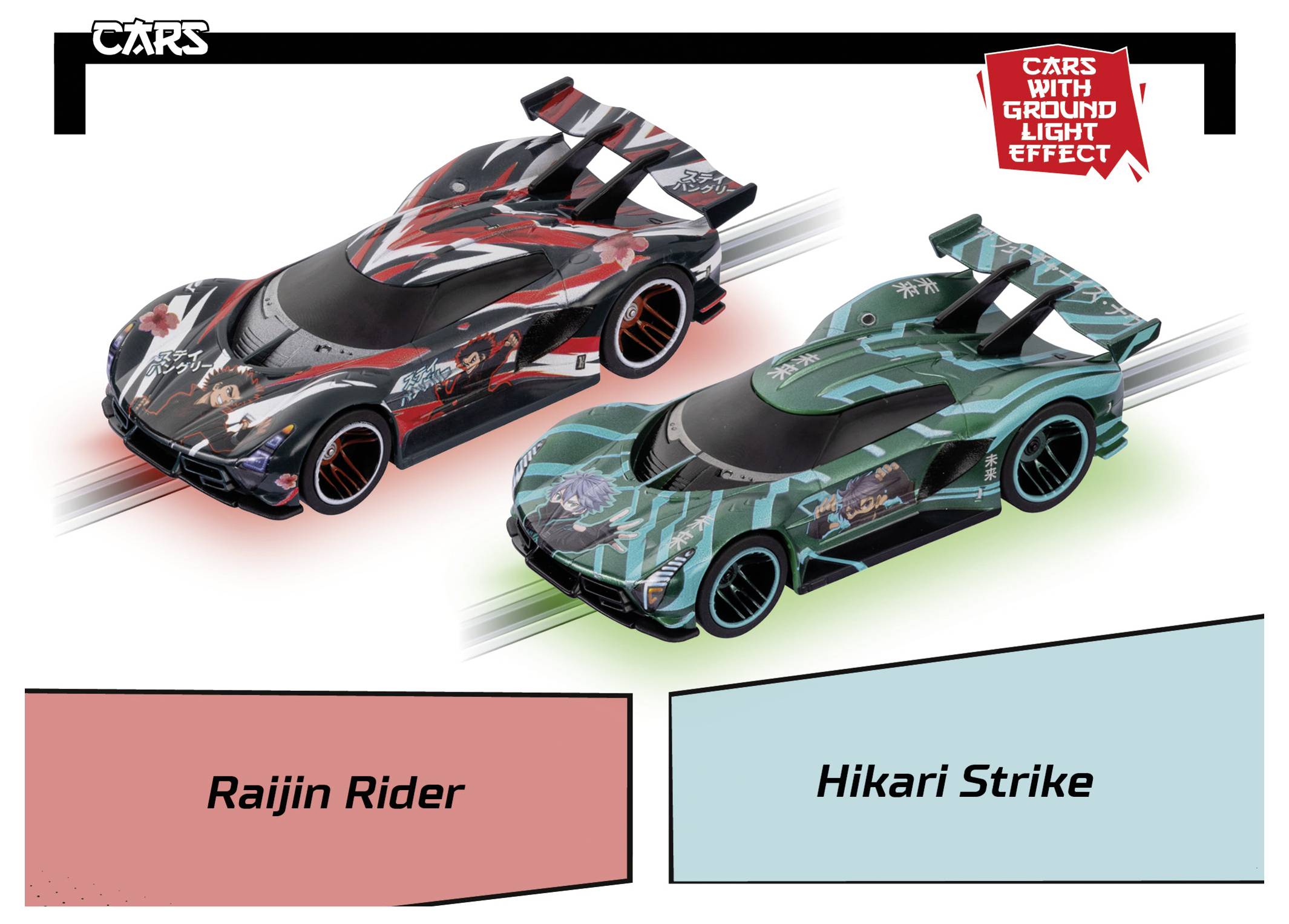 To styliserede racerbiler vises med etiketter 'Raijin Rider' og 'Hikari Strike', som promoverer serien 'Cars with Ground Effect'.