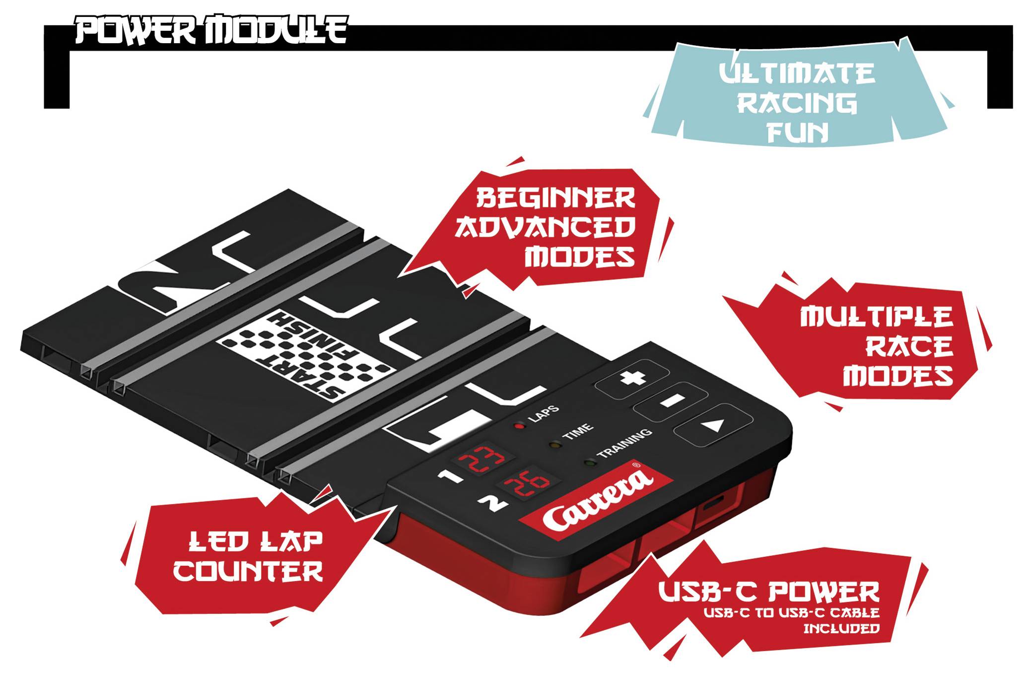 Reklamebillede af et Carrera-strømmodul til slot cars, der fremhæver LED-rundetæller, begynder- og avanceret tilstand, flere løbstilstande og USB-C-strøm.
