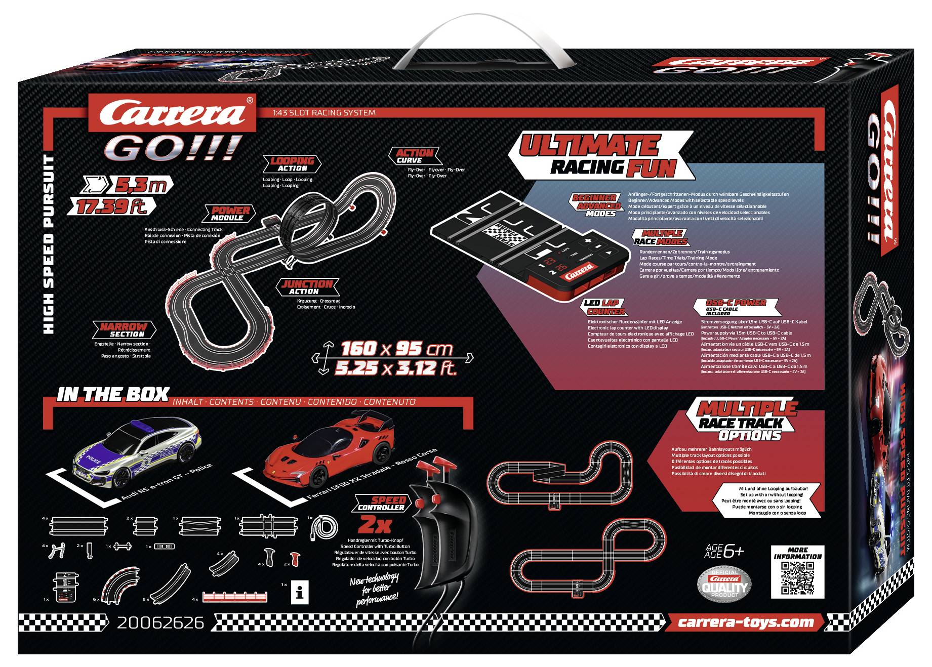 Carrera GO!!! slot car-racingsæt med kasse, der viser en ottetals-banelayout, to biler, controller og 'Ultimate Racing Fun'-branding med produktdetaljer.