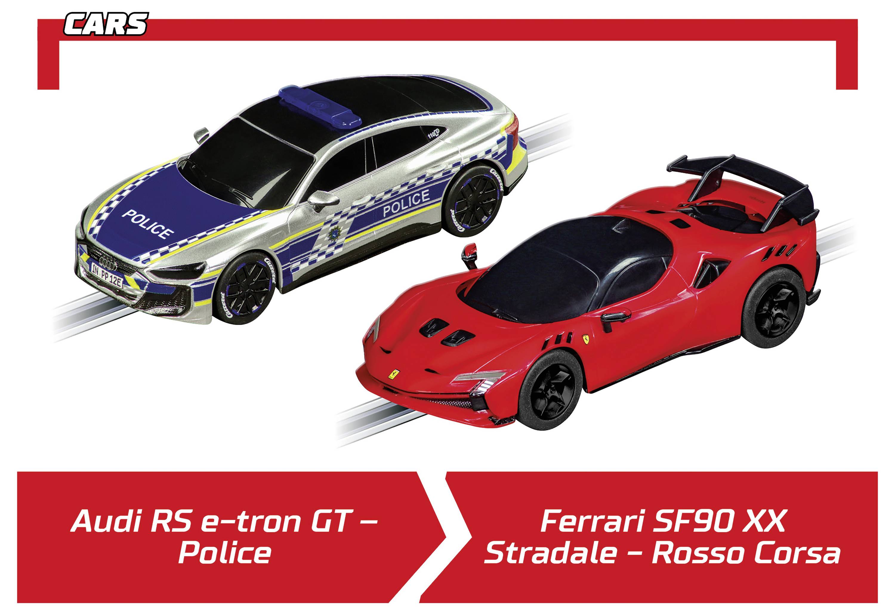 Legetøjsbilbillede, der viser to modelidéer: en Audi RS e-tron GT politibil og en rød Ferrari SF90 XX Stradale.