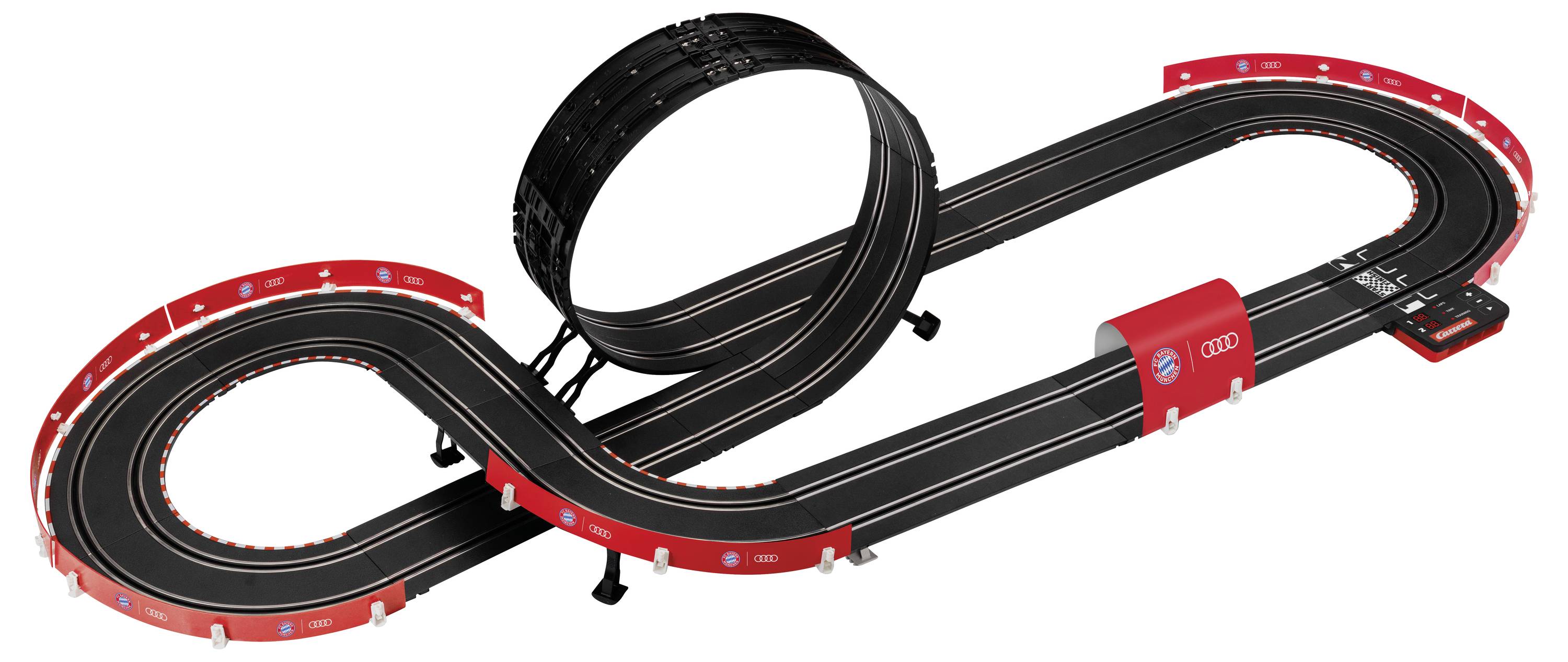 Rød og sort slot car racerbane med en looping-sektion i forhøjet udgave og et rødt bropakket stykke, vist på hvid baggrund.
