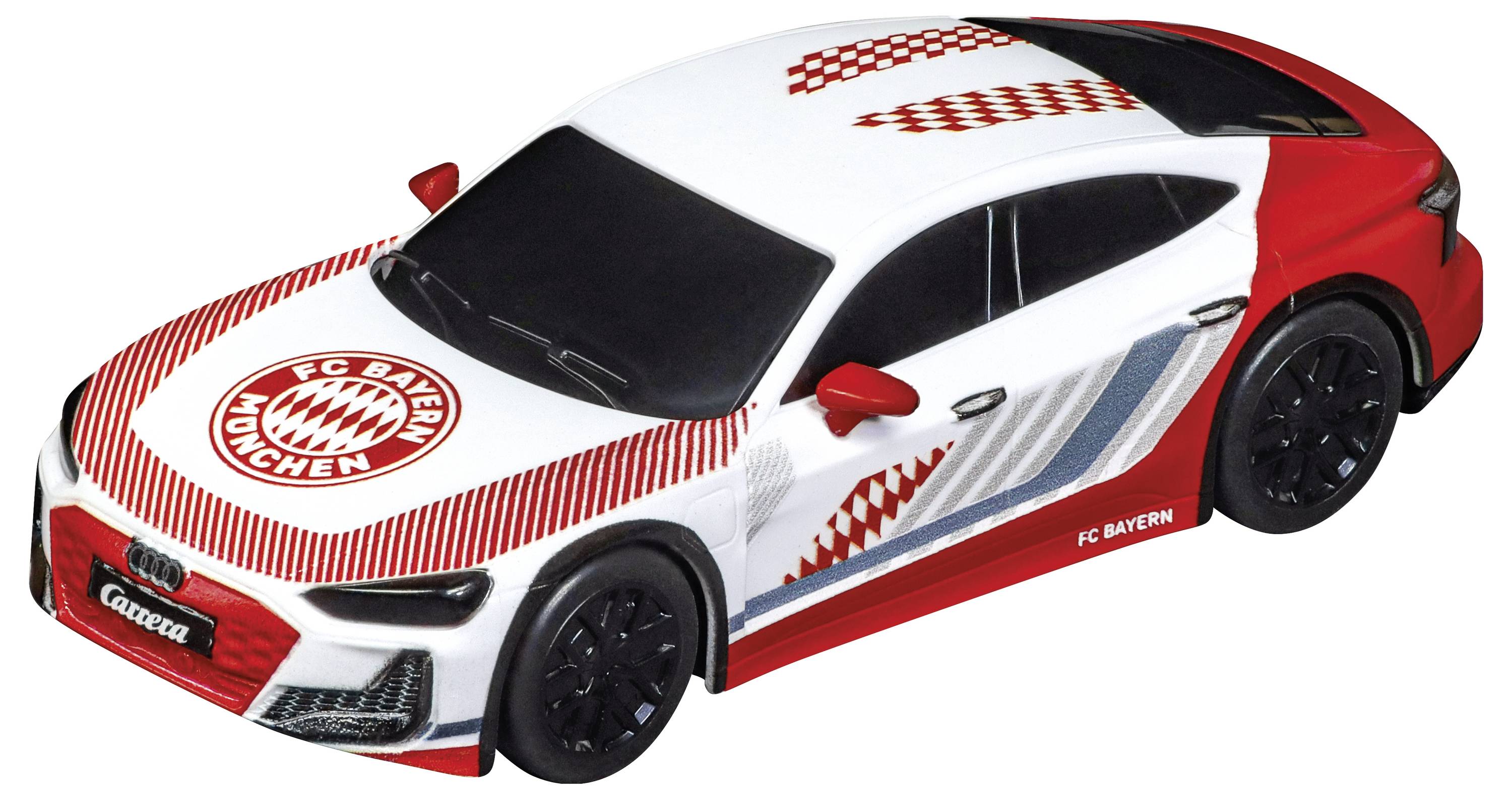 En hvid og rød legetøjssportsbil med FC Bayern München-mærkning og logo, vist i en front-venstre vinklet visning på hvid baggrund.