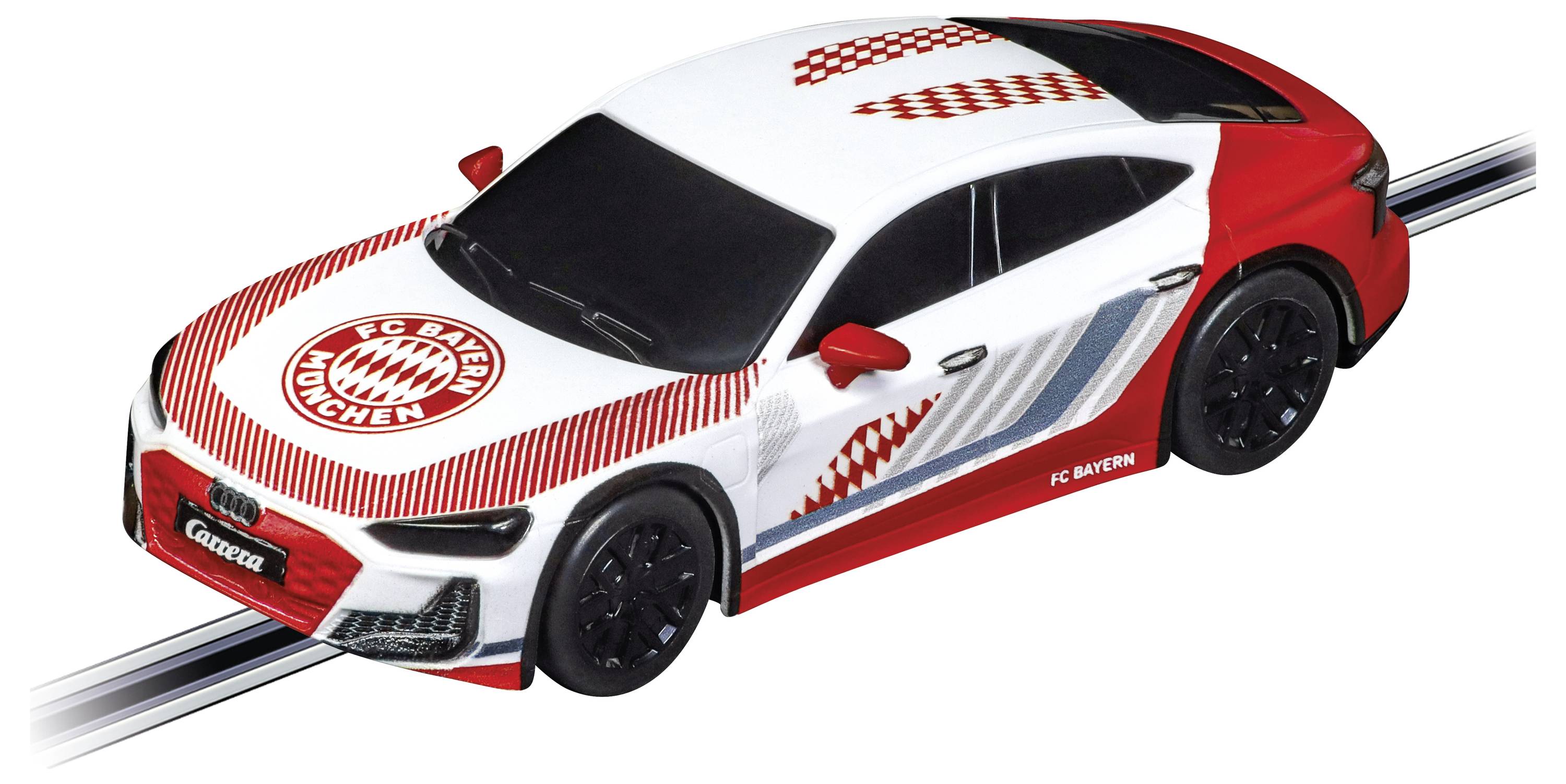 En hvid og rød legetøjssportsbil med FC Bayern München-mærke på et spor, med klubbens logo på motorhjelmen og siderne.