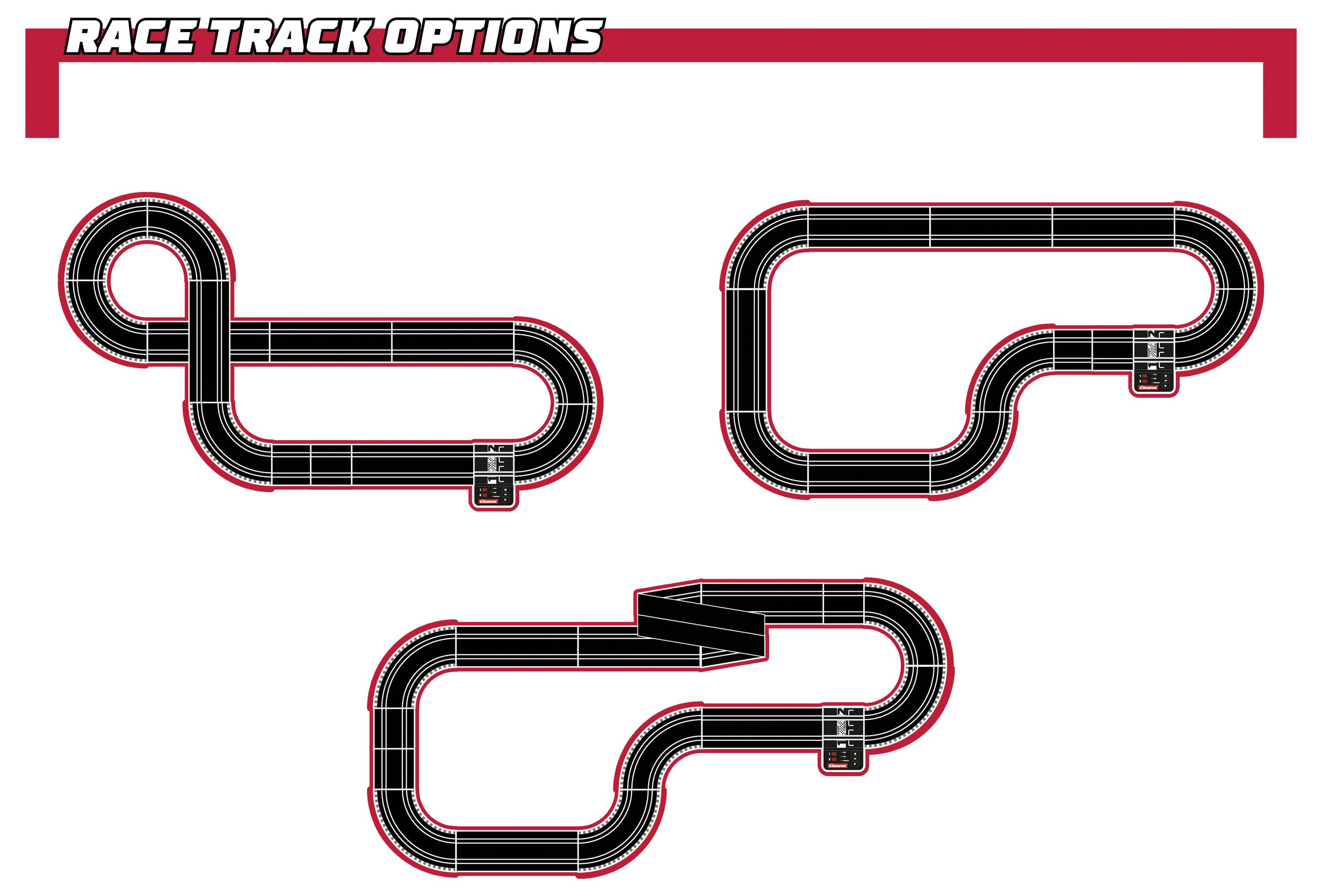 Diagram betitlet 'RACERBANE MULIGHEDER' viser tre forskellige racerbanelayout-valg med løkker, kurver og lige strækninger.