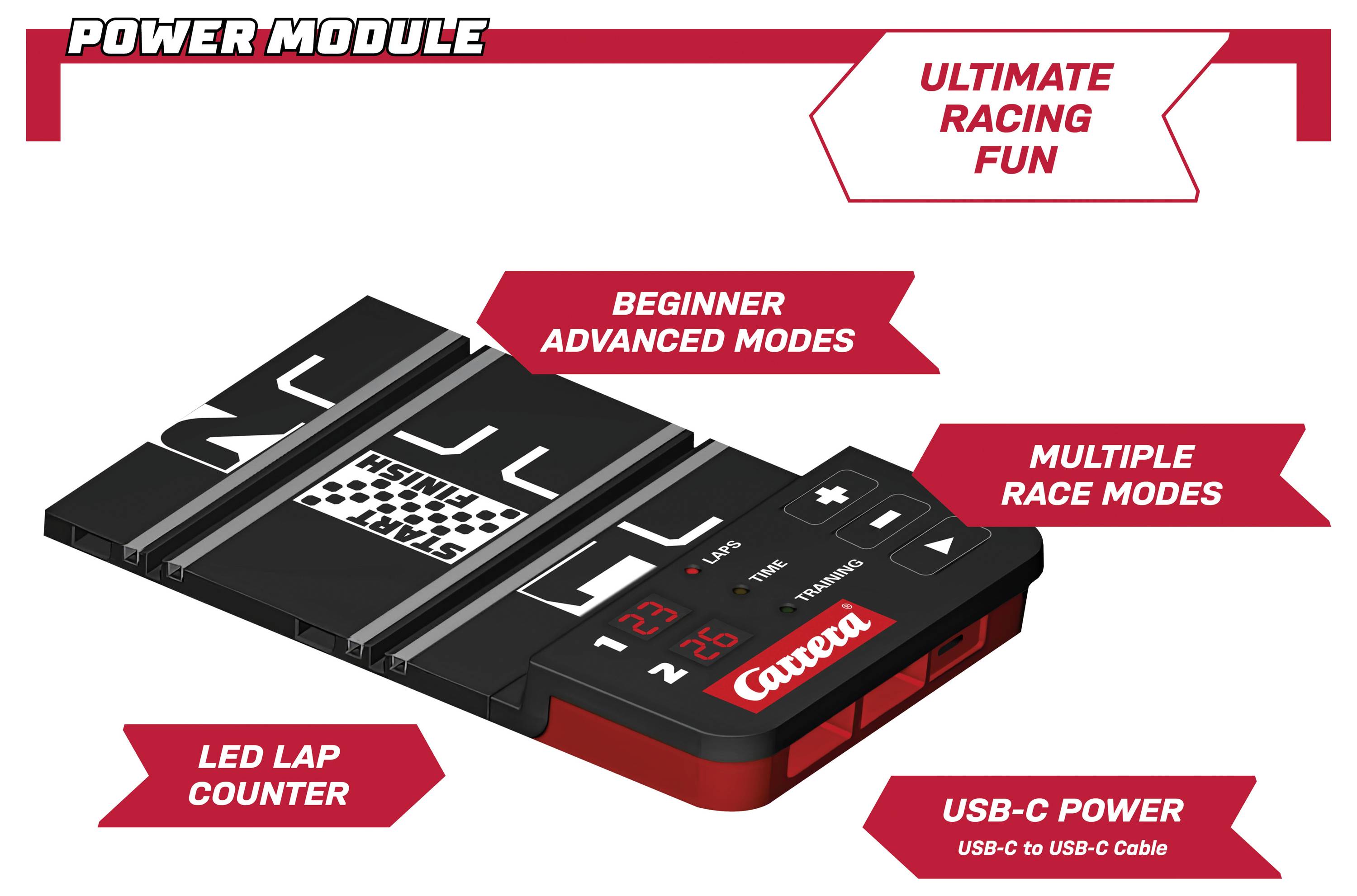 Promobillede af en Carrera 'Power Module' til racing, der viser en sort kontrollerenhed med display og knapper, mærket med funktioner som 'Ultimate Racing Fun,' 'Beginner Advanced Modes,' 'Multiple Race Modes,' 'LED Lap Counter,' og 'USB-C Power'.