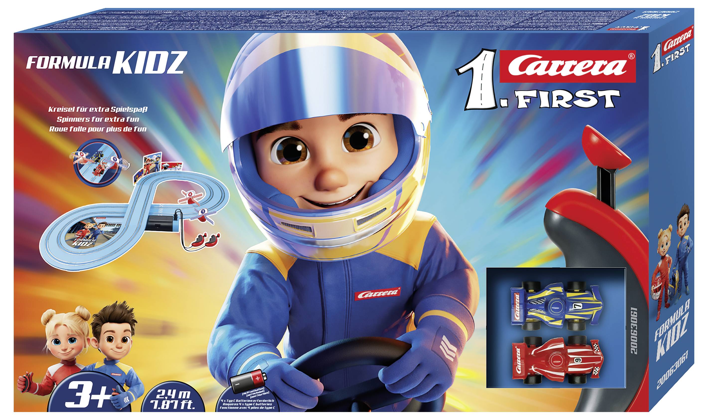 Carrera FIRST Formula KIDZ racerbane-sæt i æske med tegneseriebilist, to biler, løkke-bane og 3+ års mærkat