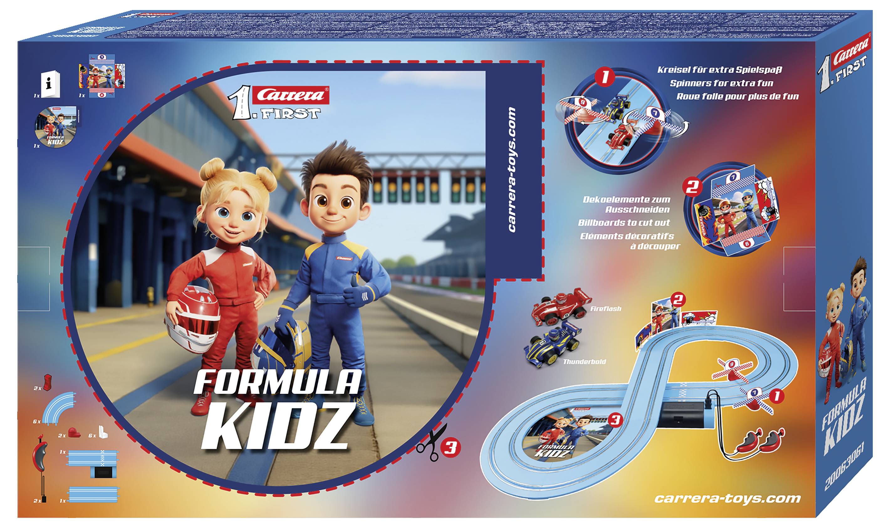 Emballage til Carrera First 'Formula KIDZ' slot car-sæt, der viser to tegneseriefigurer, et ottetalsformet sporbinding og tre spillefunktioner med nummererede udtalninger.