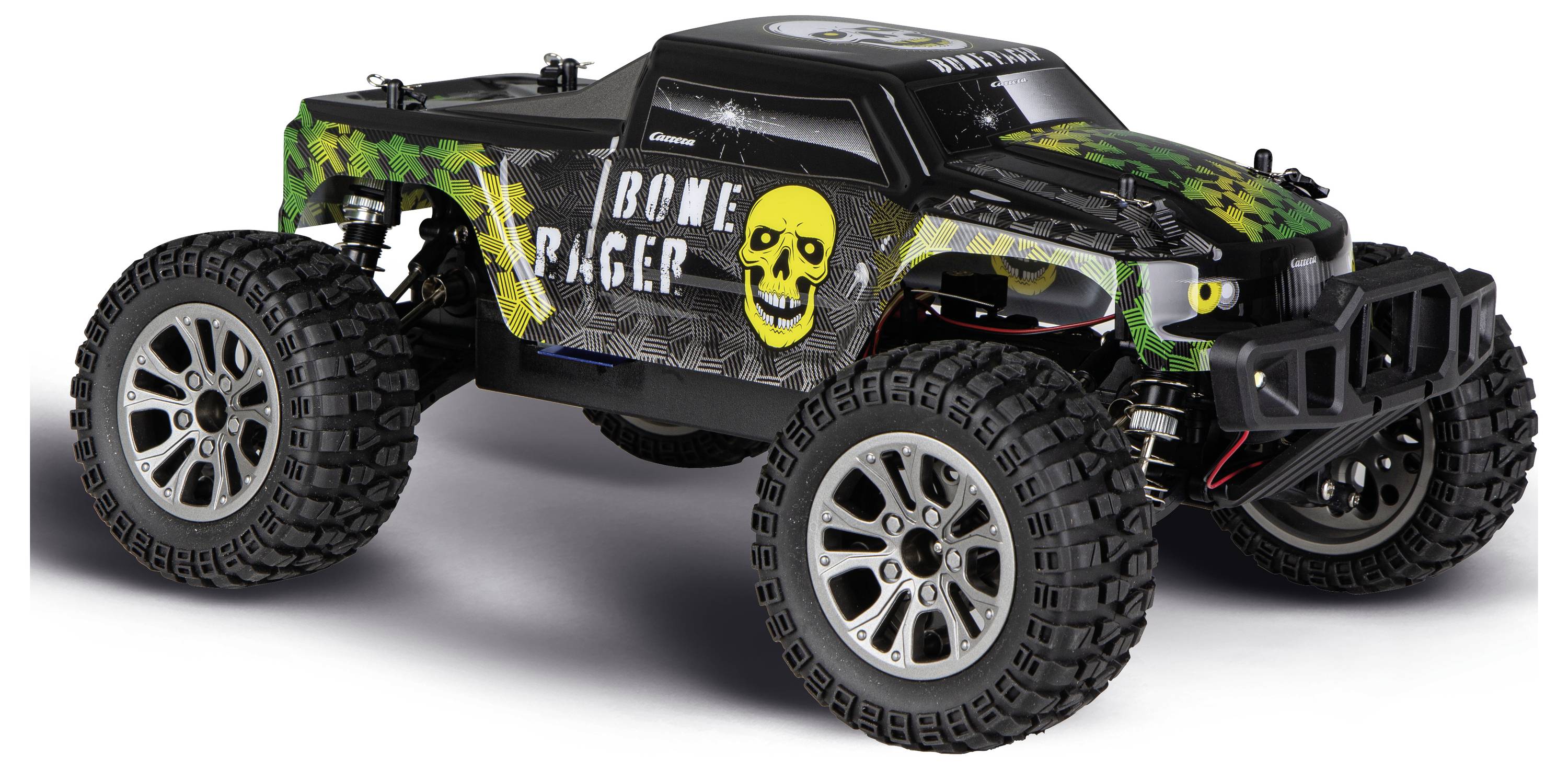 Sort terrængående RC-lastbil med oversize dæk, grønne camouflage-detaljer og "BONE RAGER" kranium-grafik på hvid baggrund.