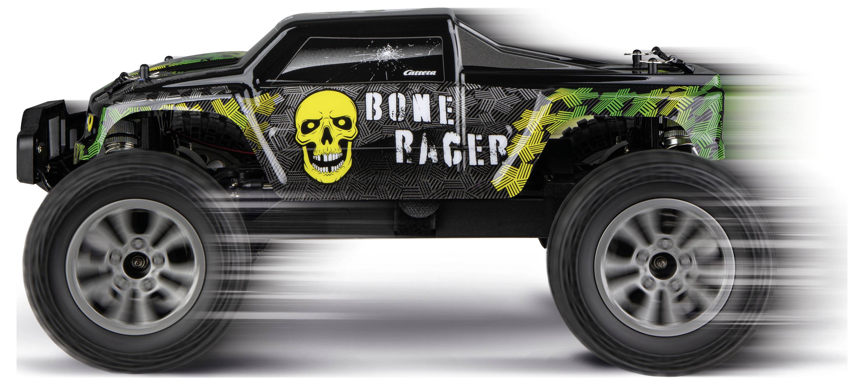 Sideview af en sort monstertruck med enormt store hjul, gult dødningehoved-grafik og 'BONE RAGER'-skrift på siden.