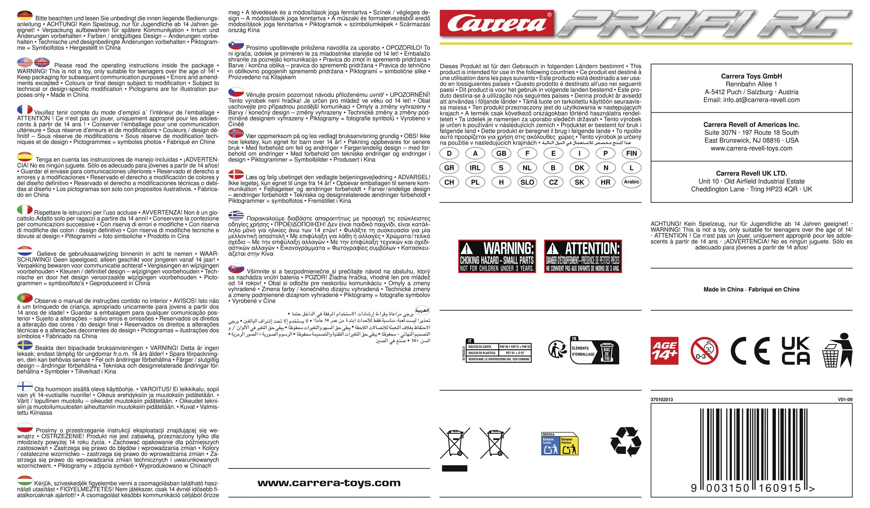 Carrera PROFI RC produktemballage bagside med flersprogede sikkerhedsinstruktioner, firmaadresser, advarselsetiketter, aldersikon 14+, genbrugssymboler og stregkode.