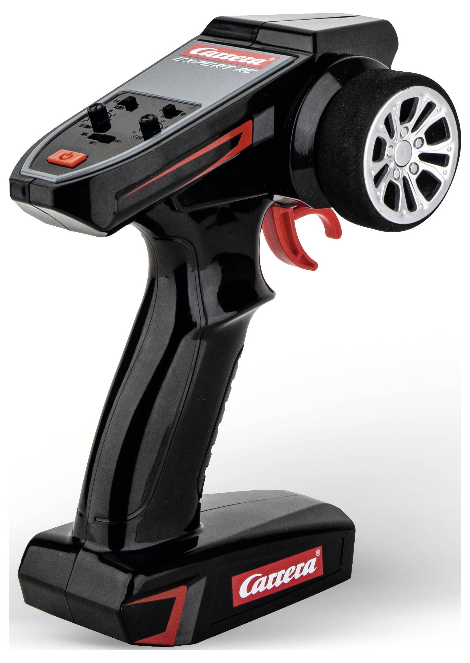 Sort Carrera håndholdt RC-controller med rattet, udløser og kontrolkontakter på en opladningsbasis.