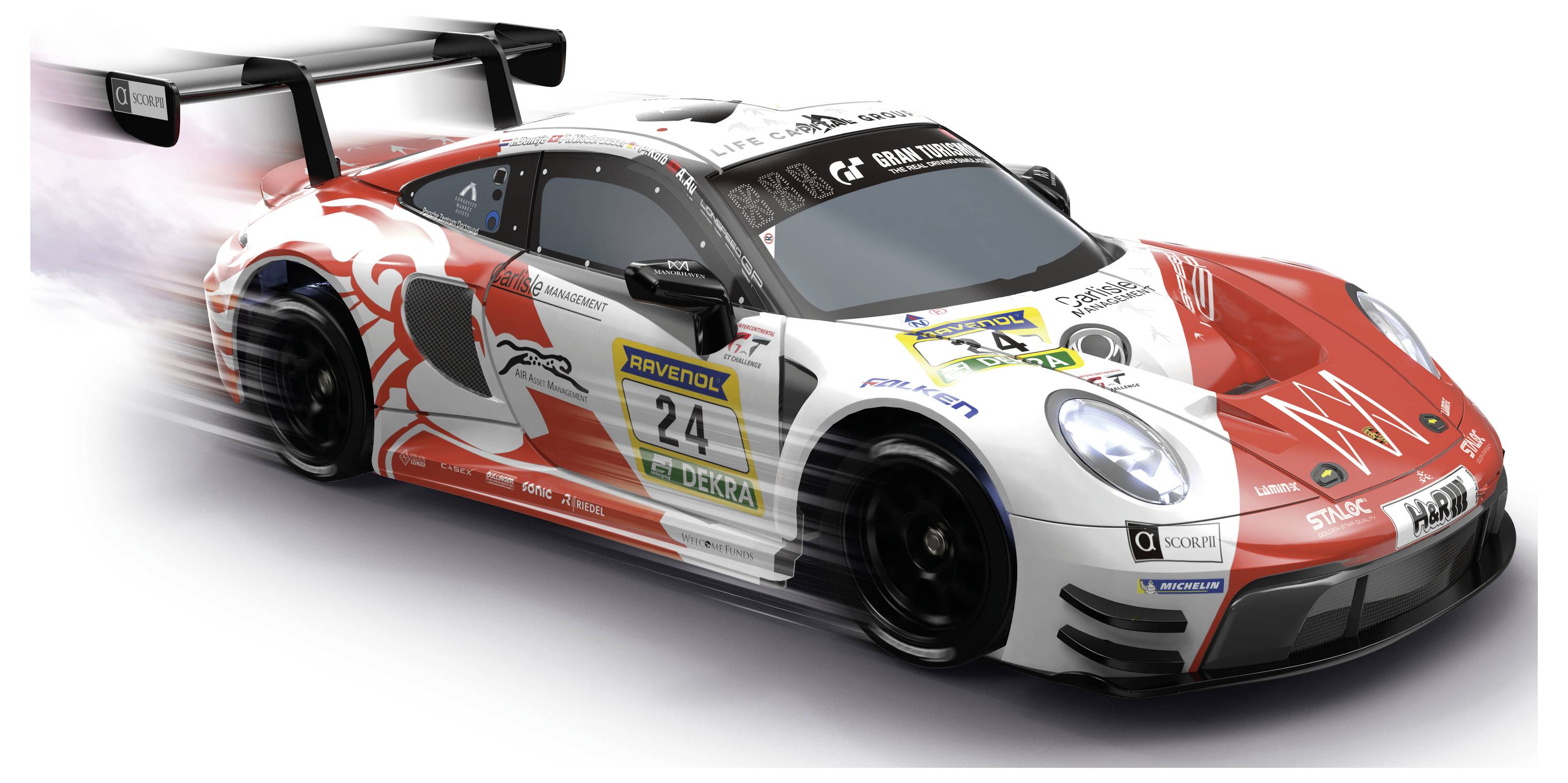Rødt og hvidt GT-racerkøretøj, der accelererer fremad, med bevægelsesuskarphед og sponsordekaler, vist fra en front-venstre sidevisning.