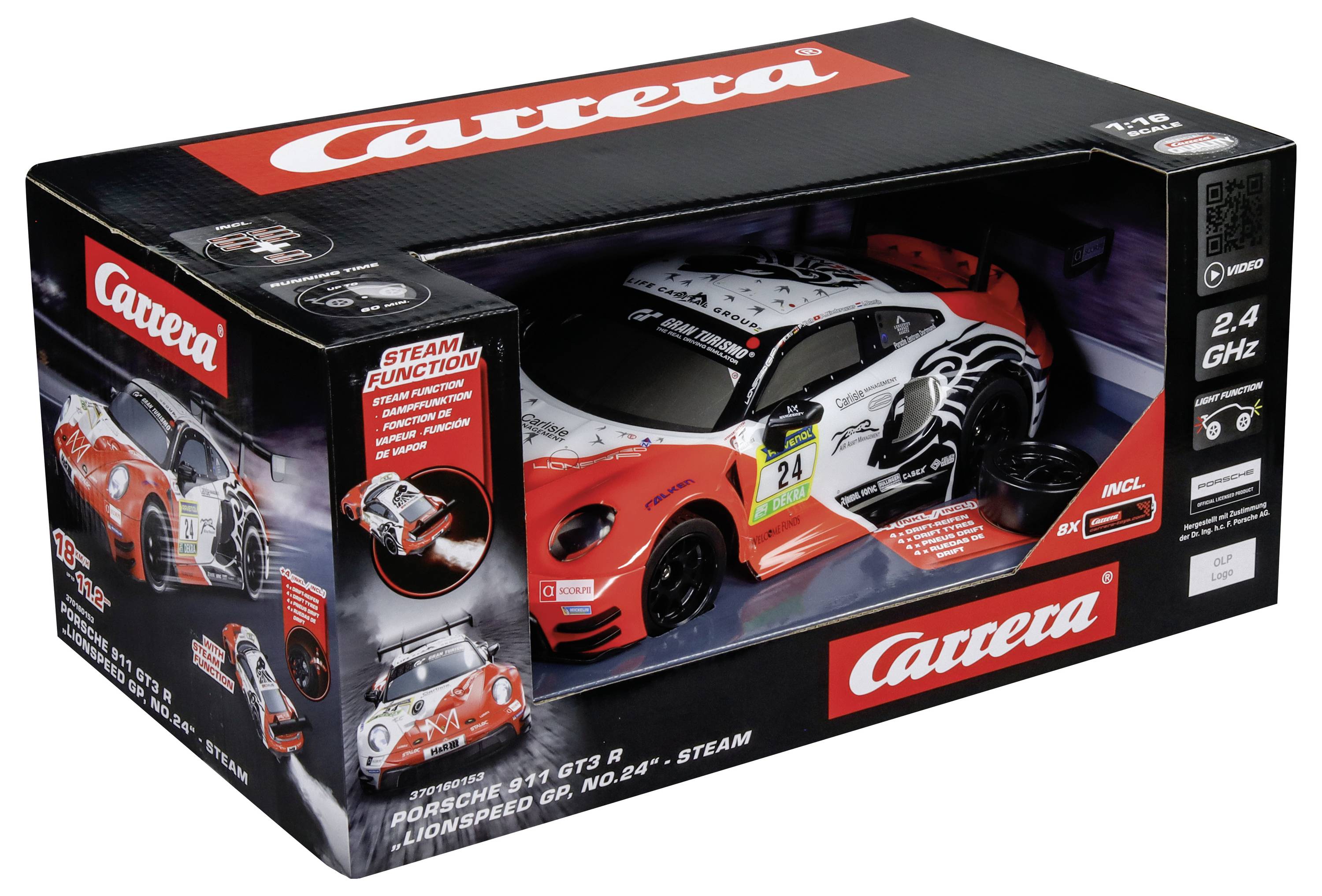 Æskepakning med Carrera slot car-sæt med en rød Porsche 911 GT3 R-model vist i emballagen, mærket 'Steam Function' og '2.4 GHz'.