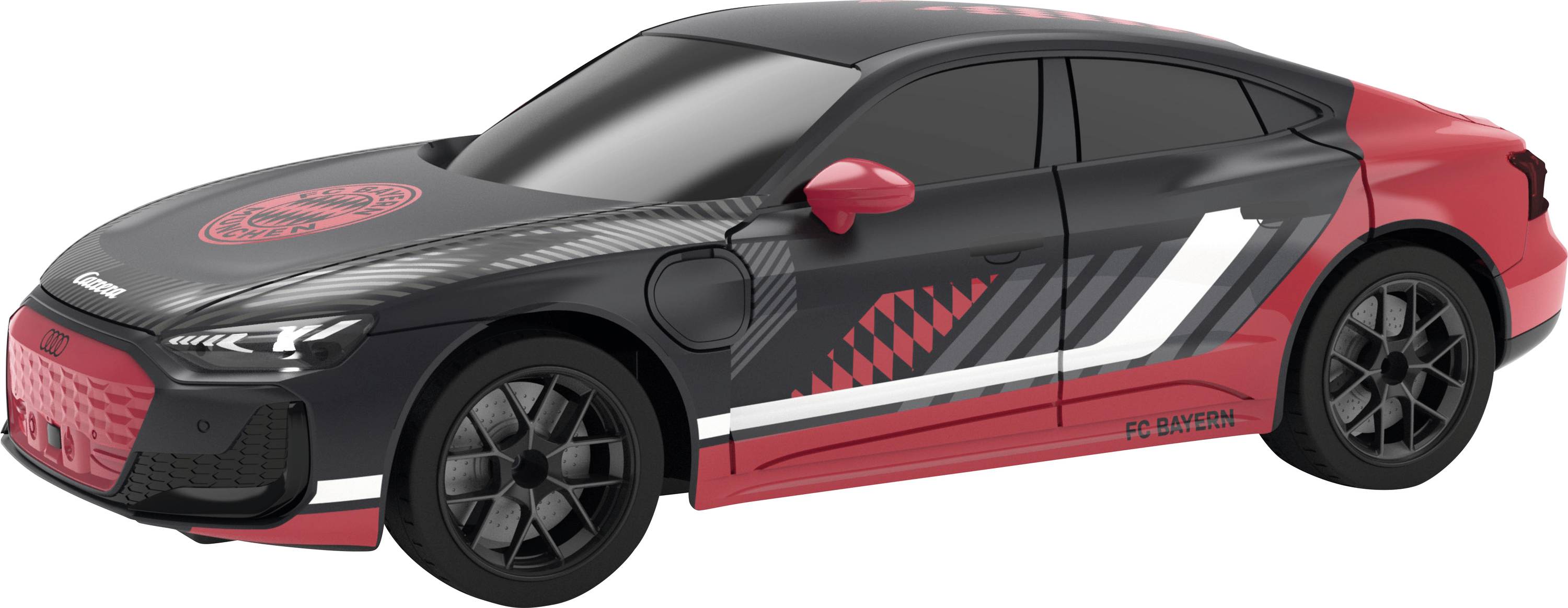 Sort og rød sportsbil-coupé-konceptbil med FC Bayern-branding og logo, vist fra sideprofil på hvid baggrund.