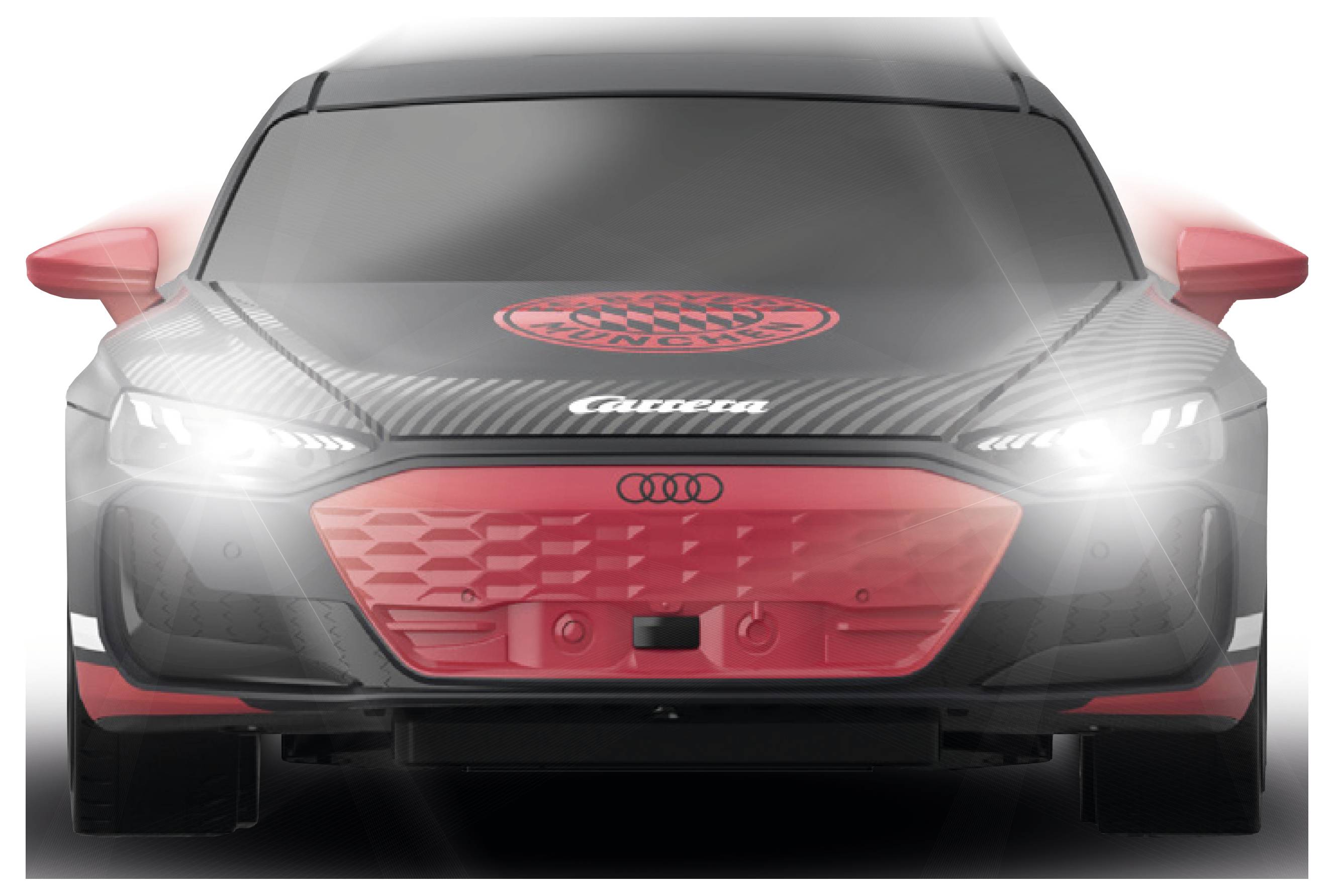 Frontal visning af en sort-og-rød Audi-racerbil med tændte forlygter og Canon-logo på motorhjelmen, vist på hvid baggrund.