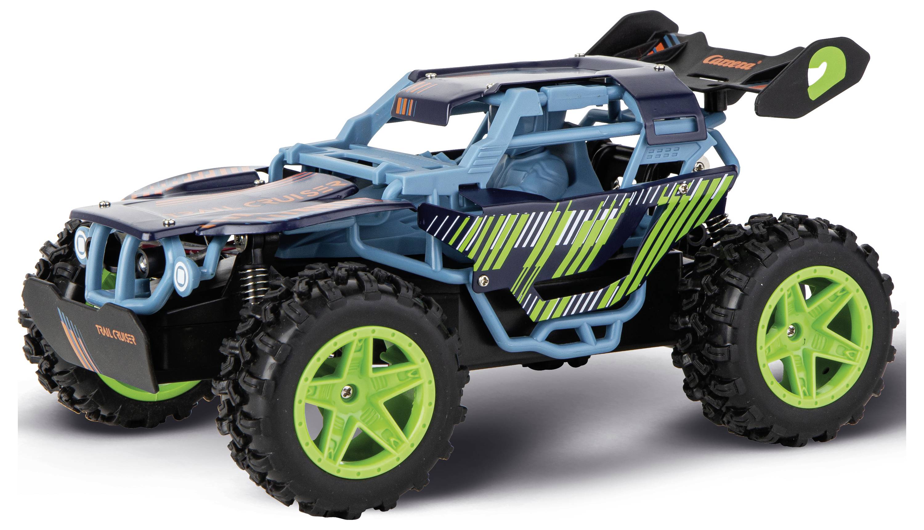 Blå og sort fjernbetjent off-road legetøjsbil med neongrønne hjul og stripet sidedekoration, vist på hvid baggrund.
