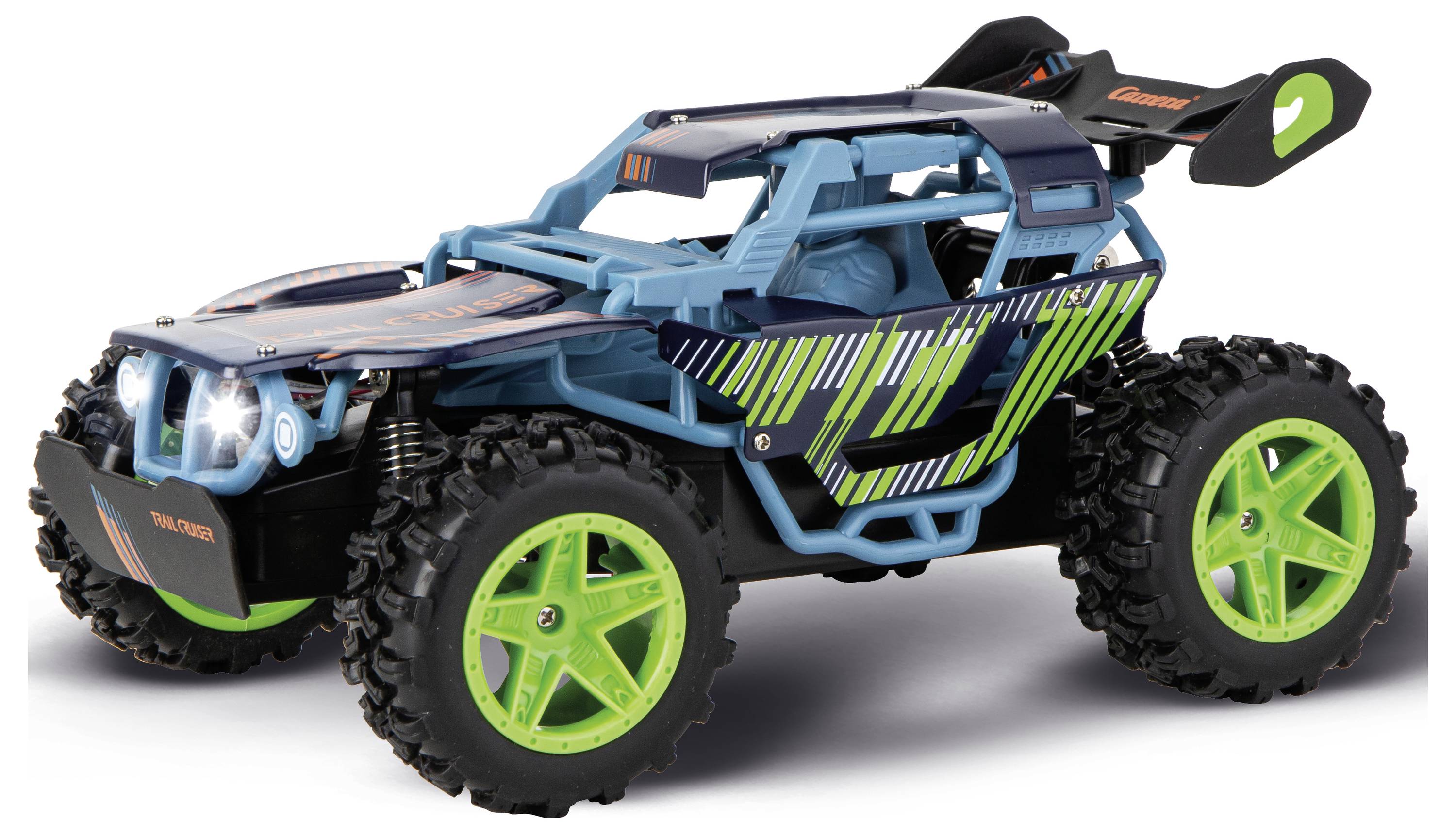 En blå og sort fjernstyringsægt terrængående buggy med neongrønne hjul og spoiler, vist på hvid baggrund.