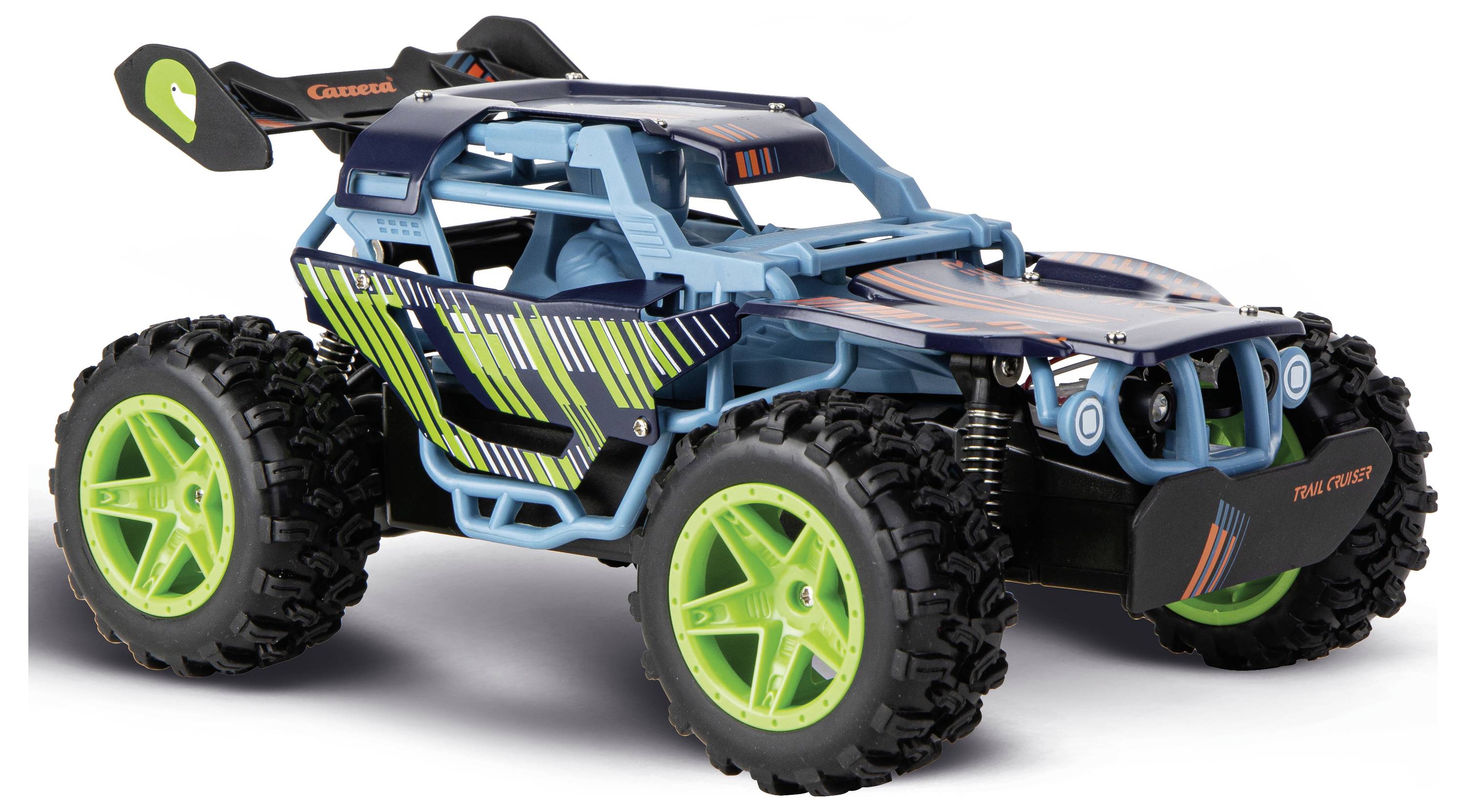 Blå og sort terrain-legetøjsbuggy med neongrønne hjul, vist i sidevisning på hvid baggrund.