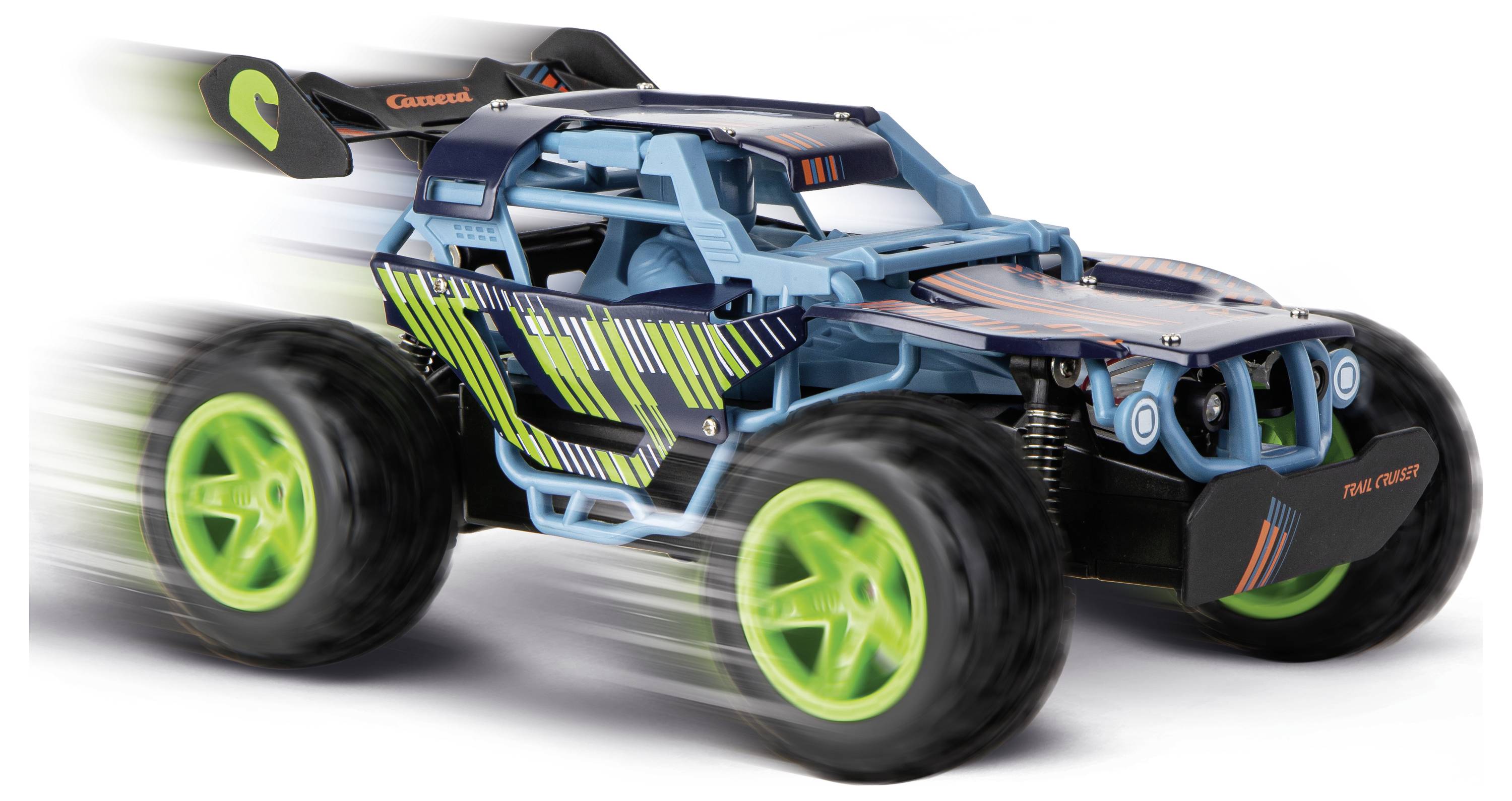 Blå legetøjsbil til off-road racing med neongrønne hjul og spoiler, vist i bevægelse på hvid baggrund.