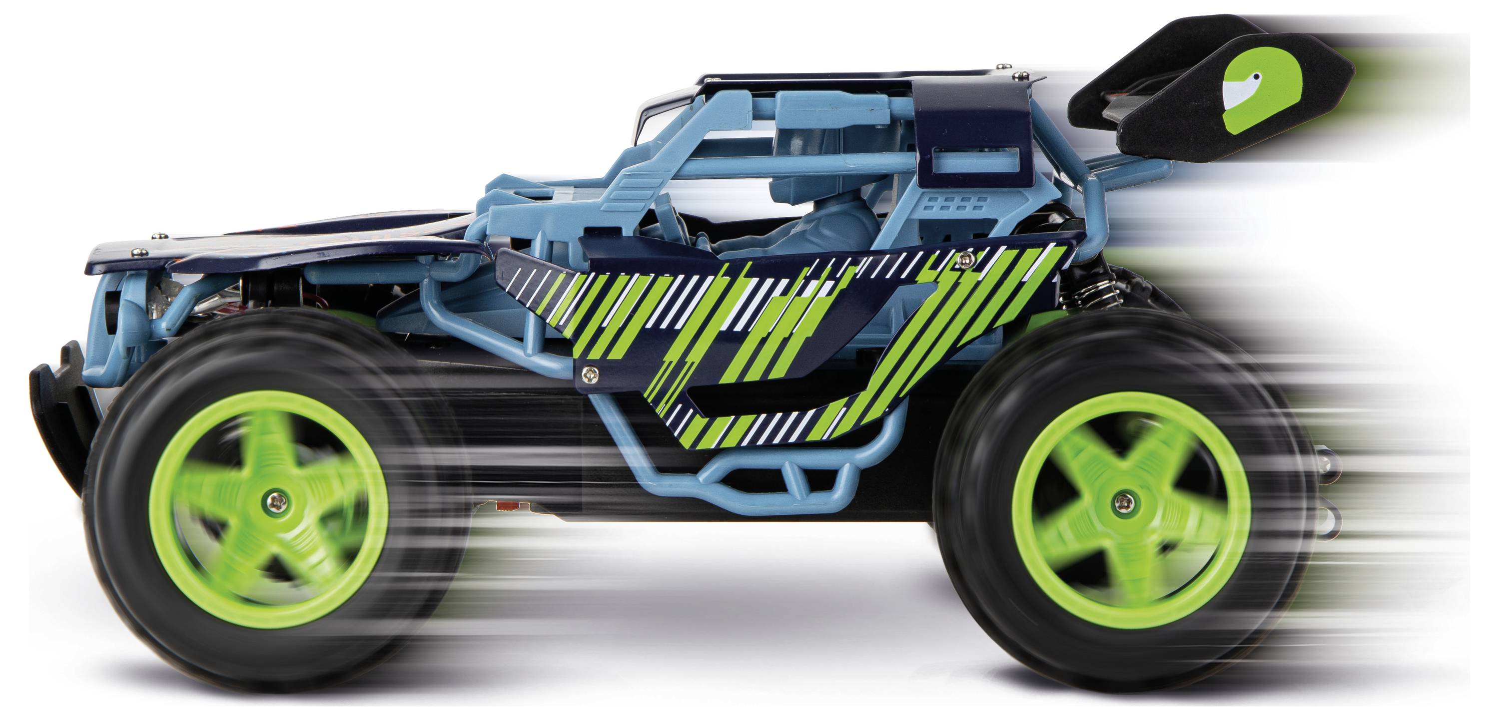 Sideview af en futuristisk blå-og-sort off-road legetøjstruck med neon grønne hjul og racing striber, vist i bevægelse med hastighedsusløring.