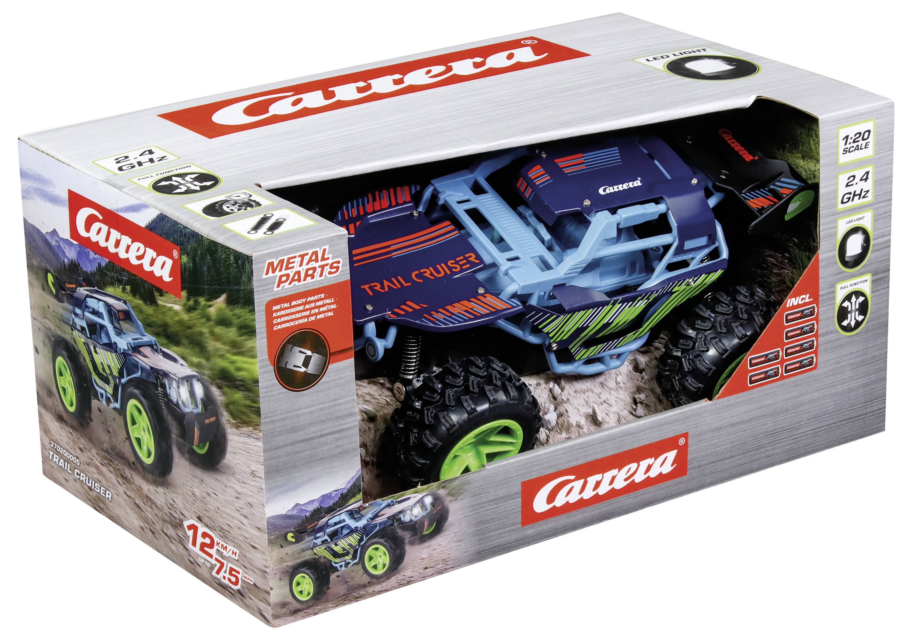 Bokseret Carrera fjernstyret terræn-lastbil-legetøj, blå og sort 'Trail Cruiser' med overstore hjul, vist i detailpakke.